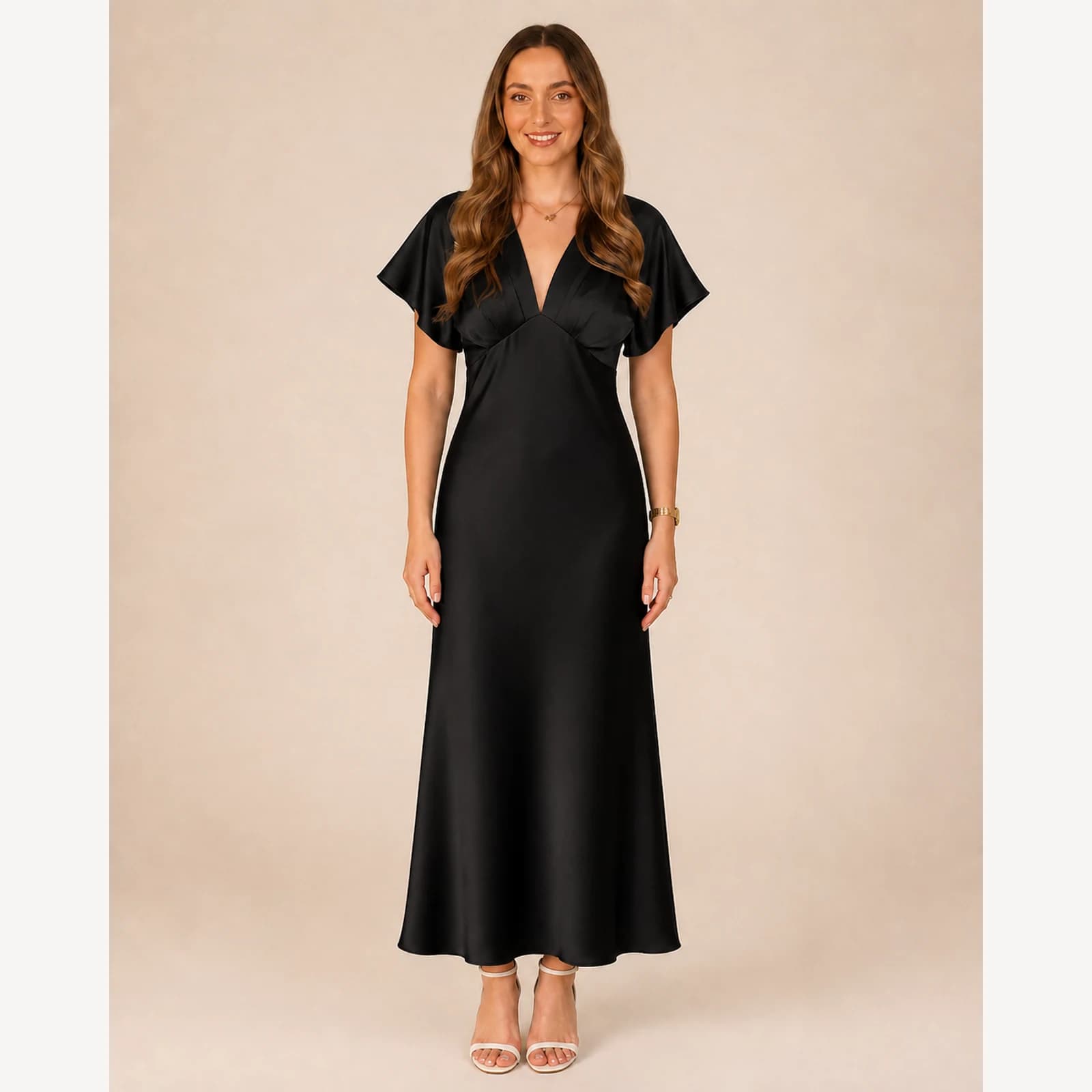 Pascale Black Satin Midi Dress, view 1