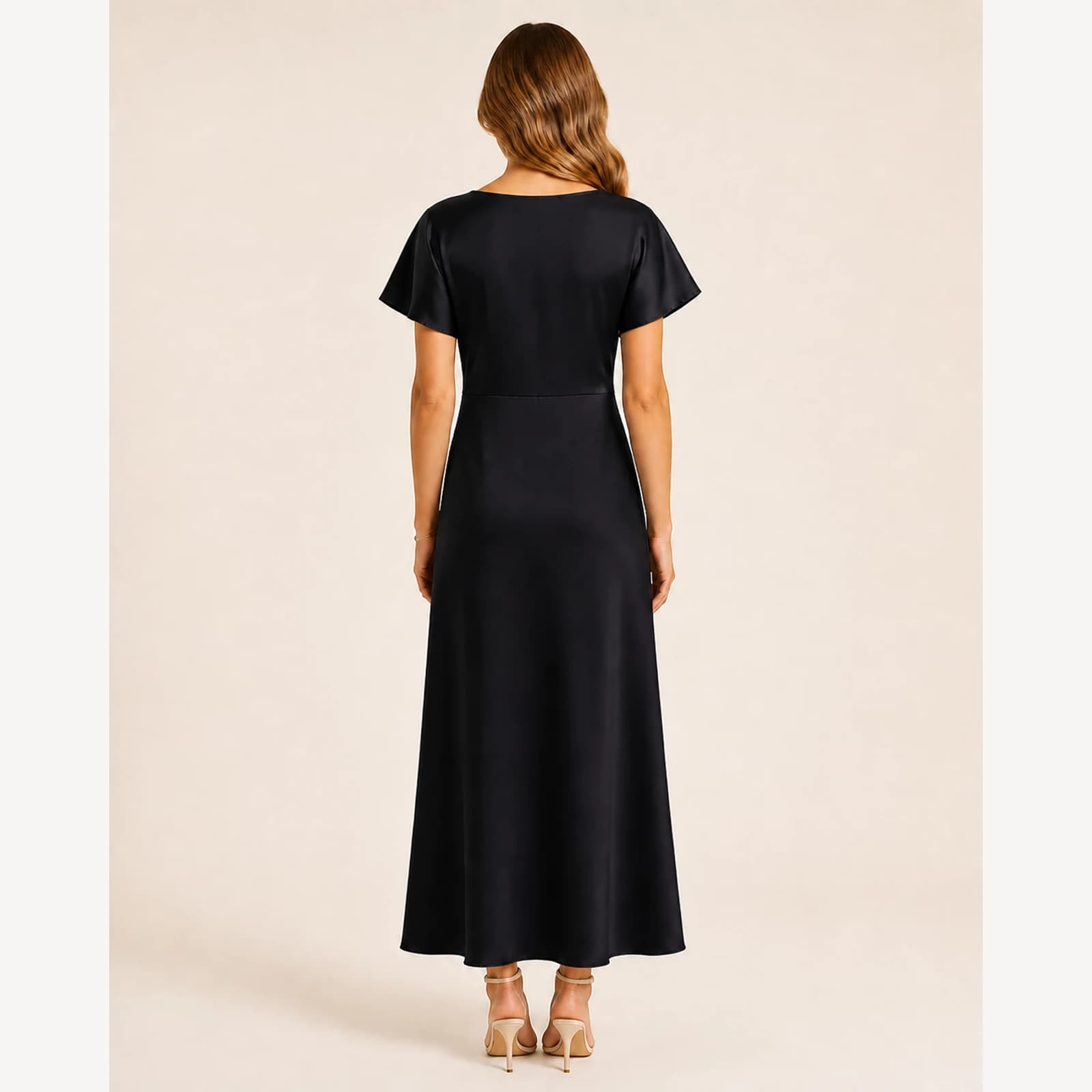 Pascale Black Satin Midi Dress, view 2