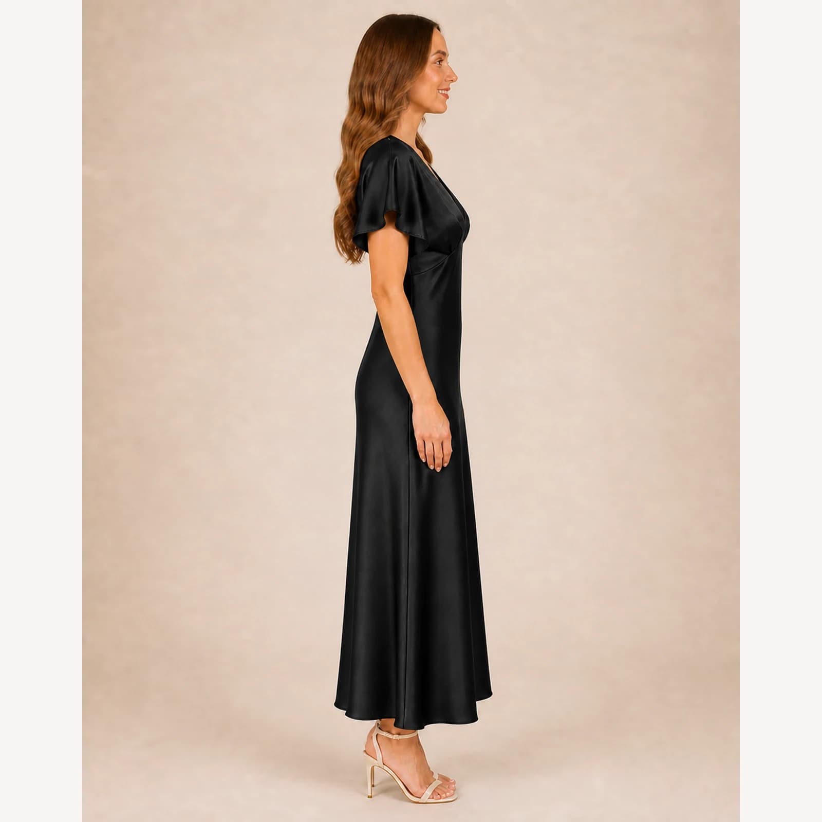 Pascale Black Satin Midi Dress, view 3
