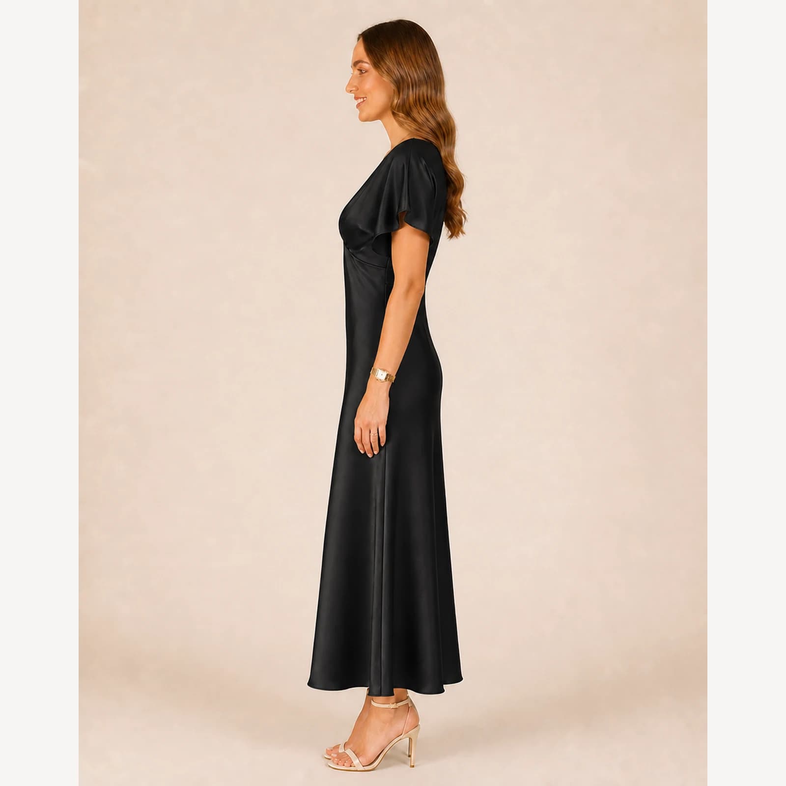 Pascale Black Satin Midi Dress, view 4