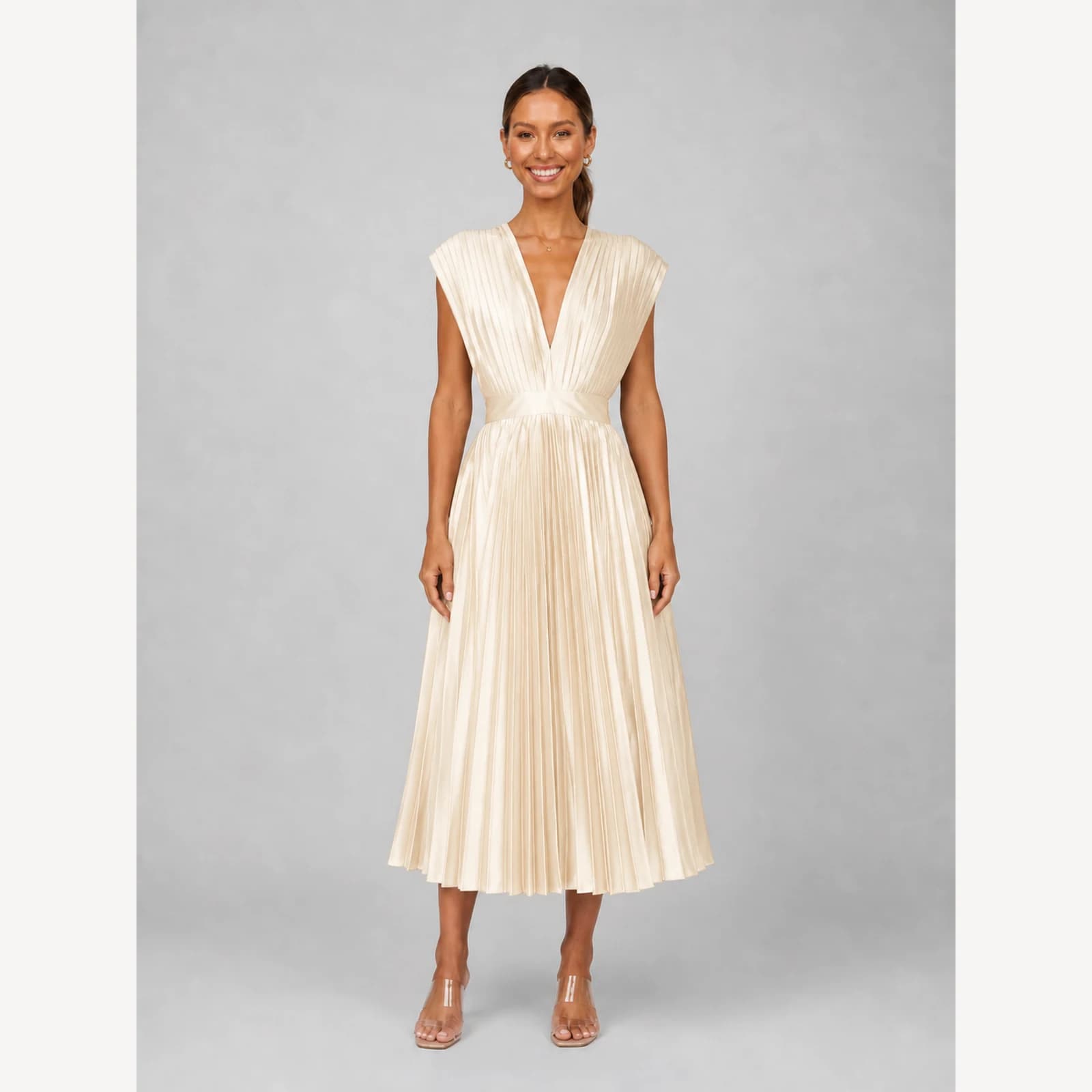 Primrose Champagne Pleated Midi Dress, view 1