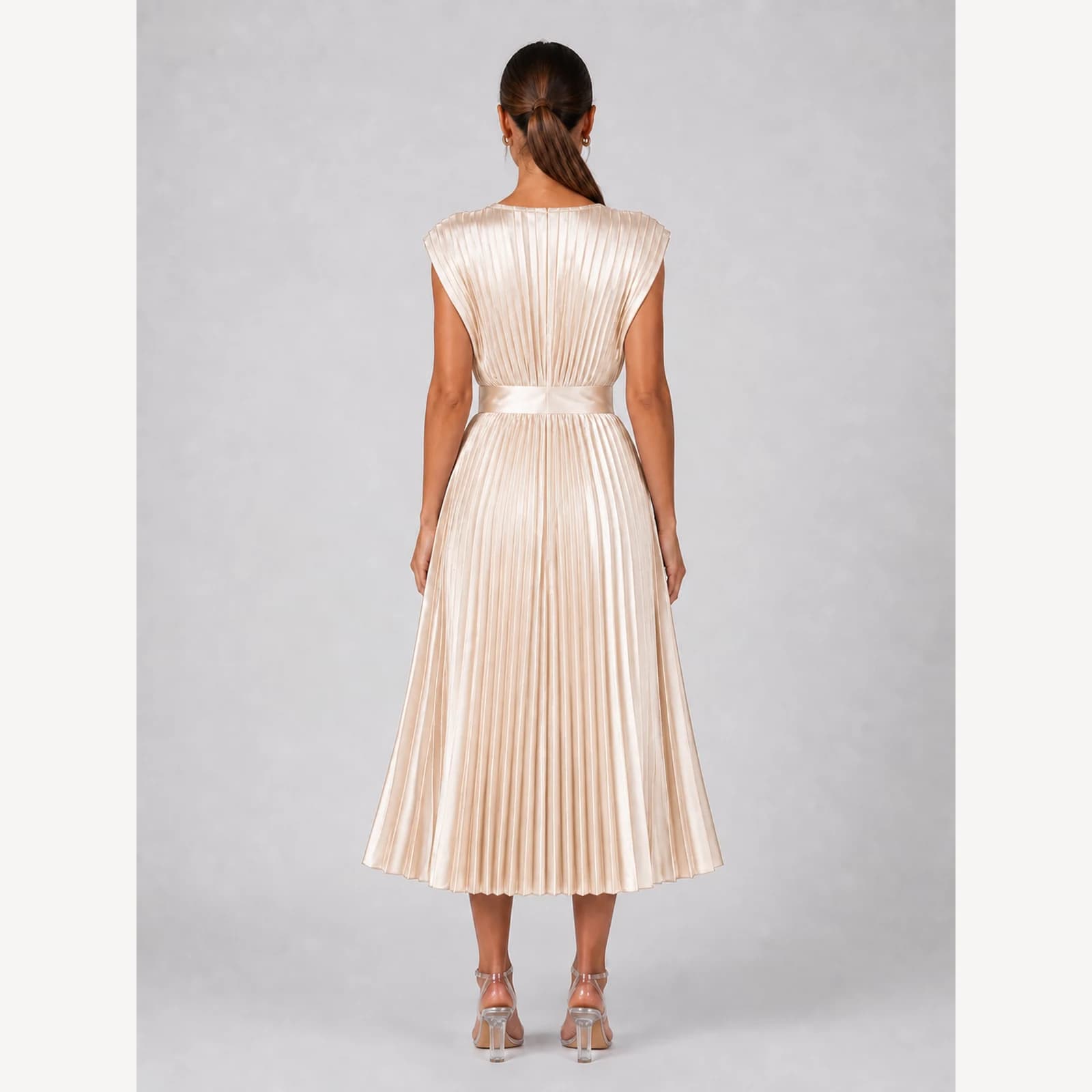 Primrose Champagne Pleated Midi Dress, view 2