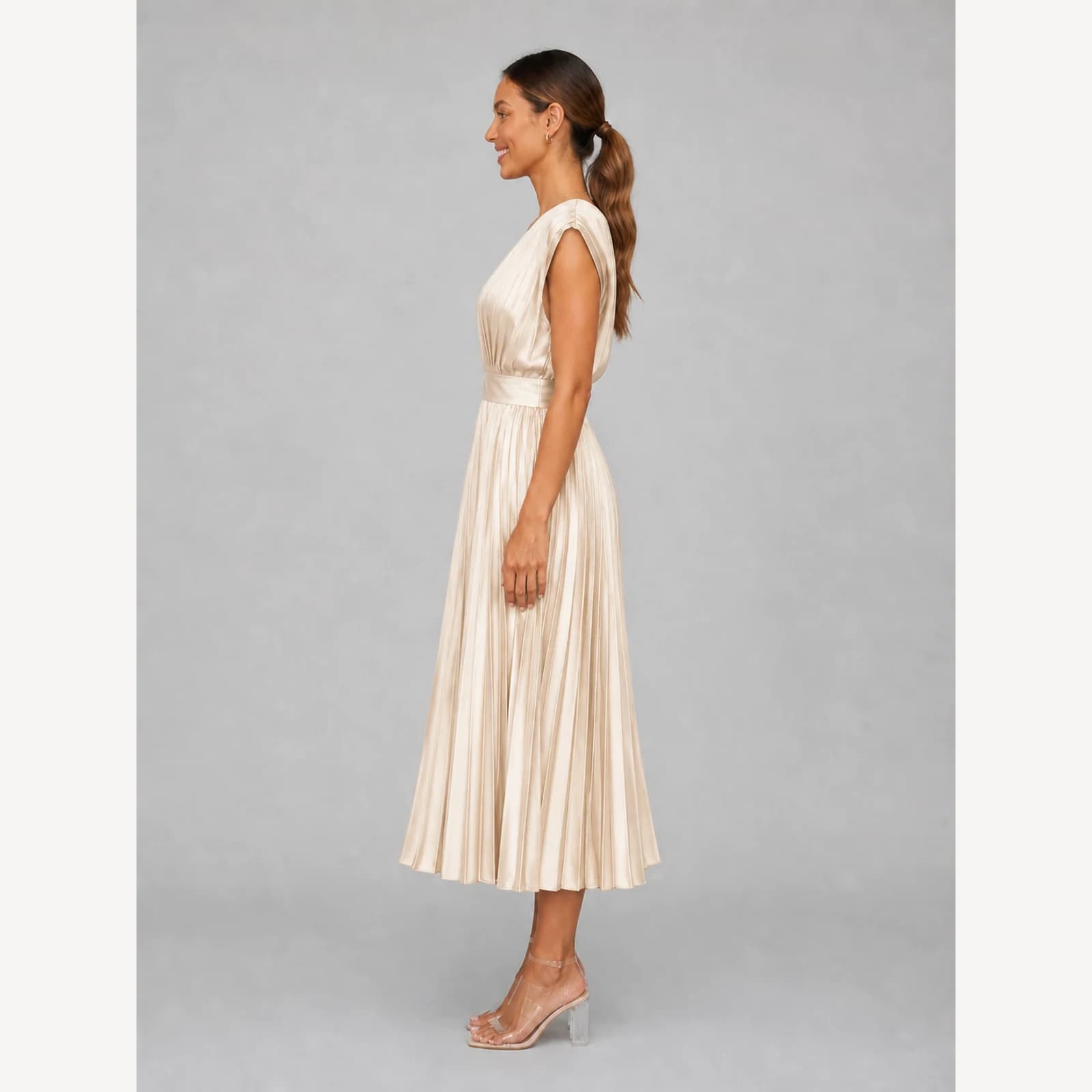 Primrose Champagne Pleated Midi Dress, view 3