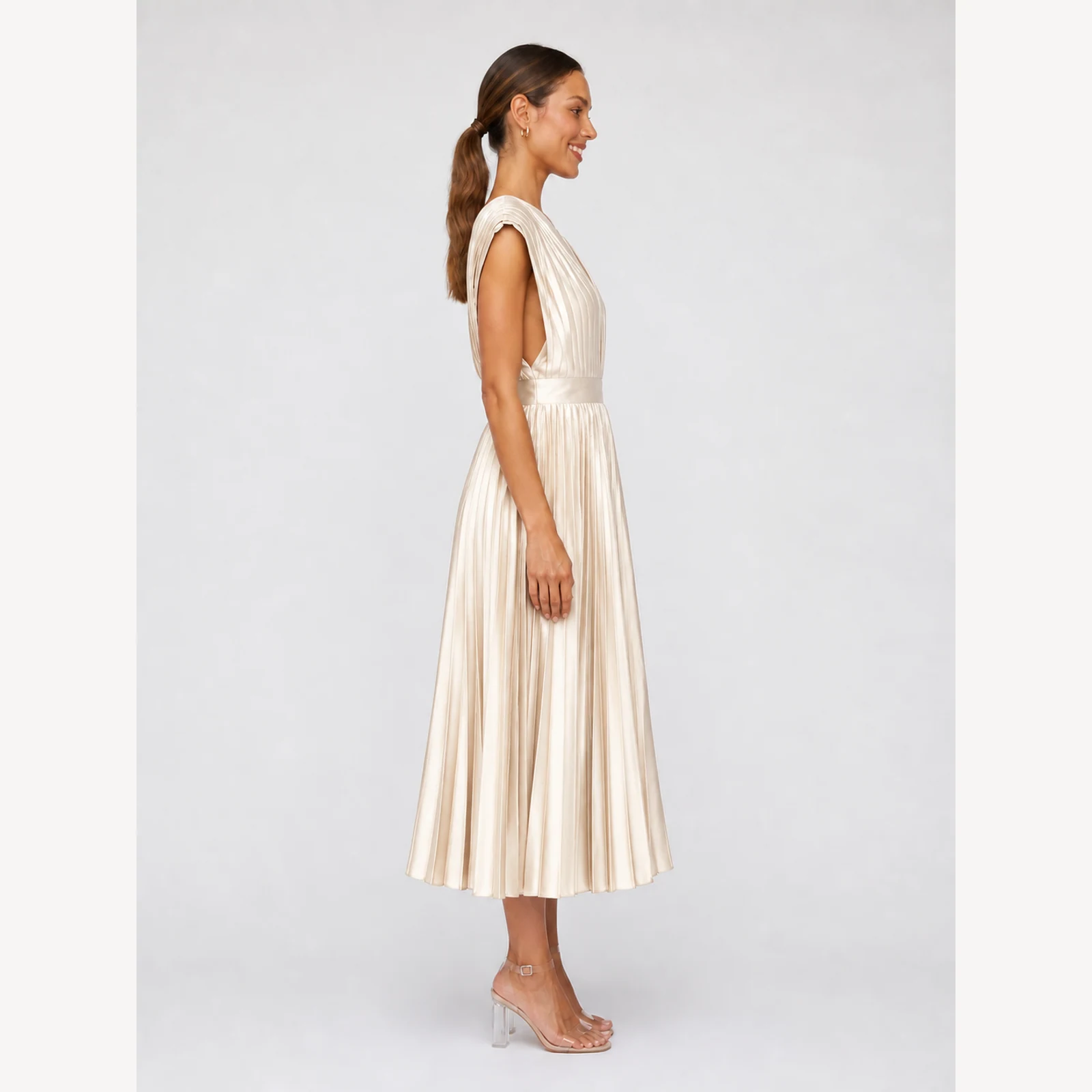 Primrose Champagne Pleated Midi Dress, view 4