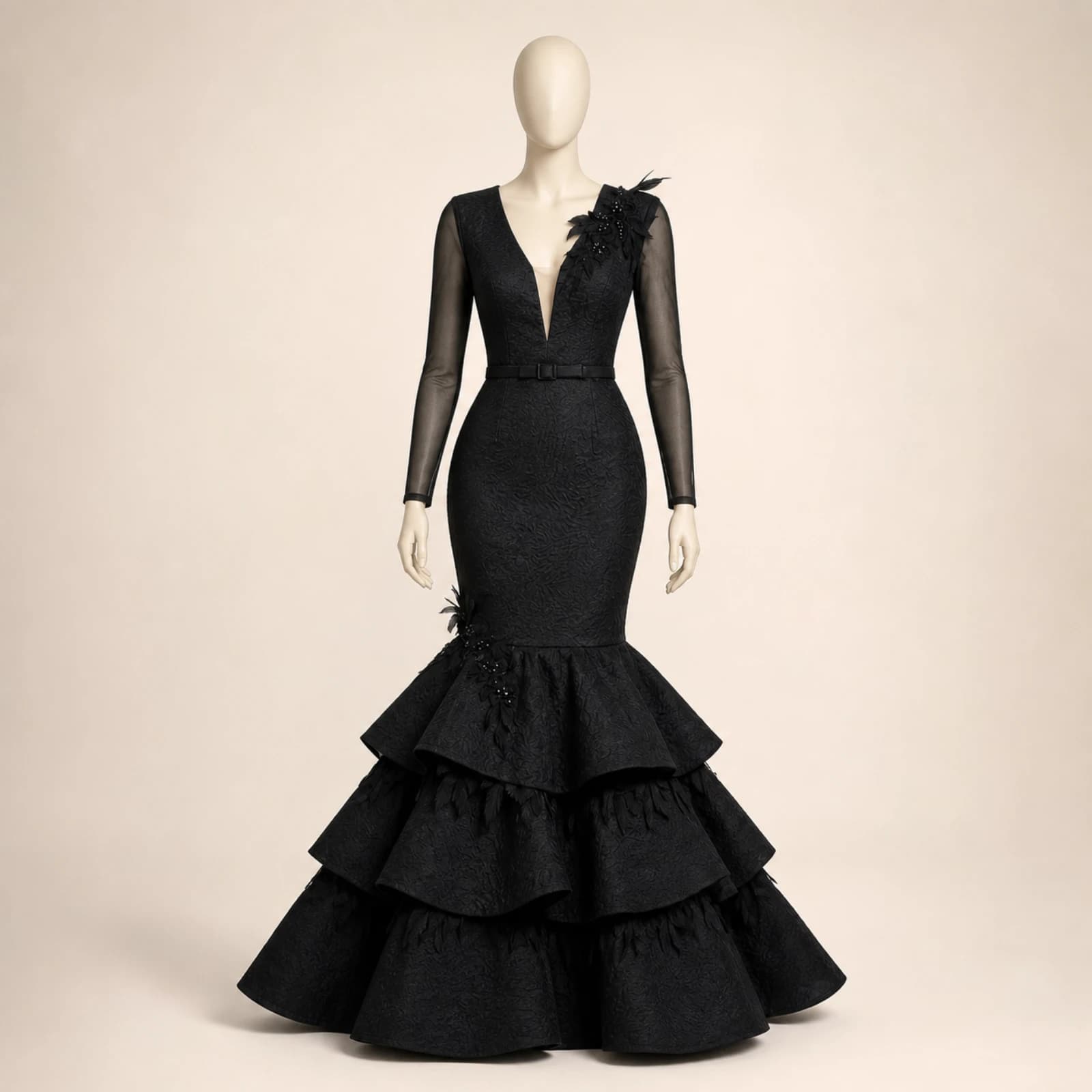 Ravenna Black Tiered Mermaid Gown, view 1