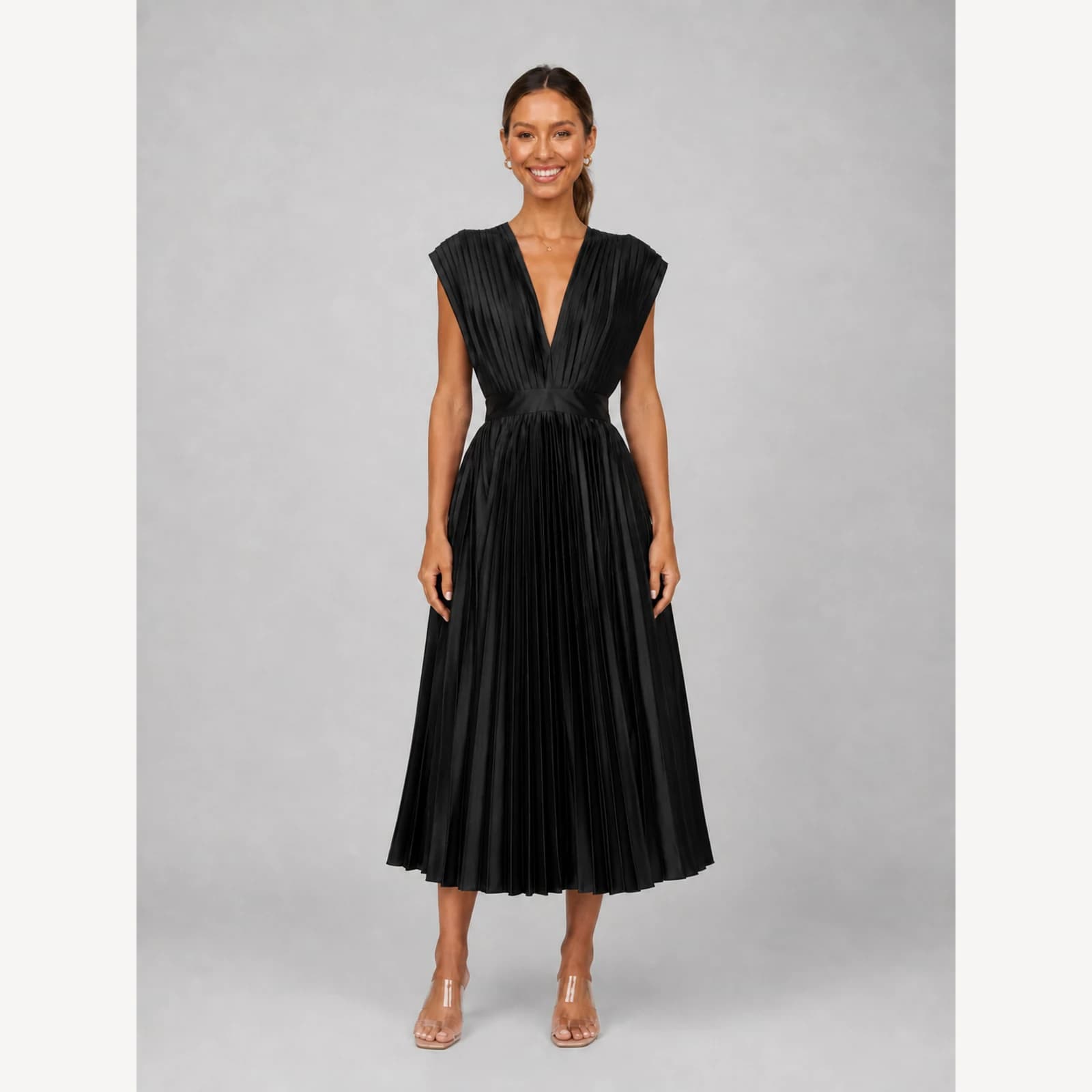 Renata Black Pleated Midi Dress, view 1
