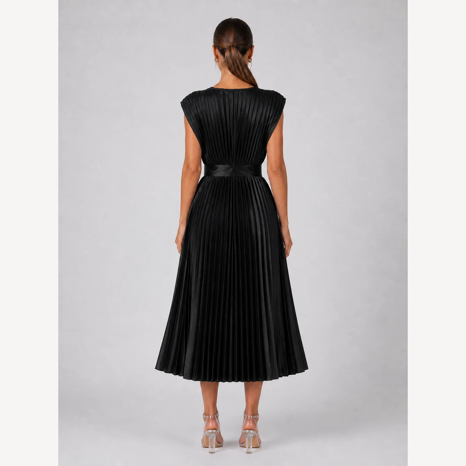 Renata Black Pleated Midi Dress, view 2