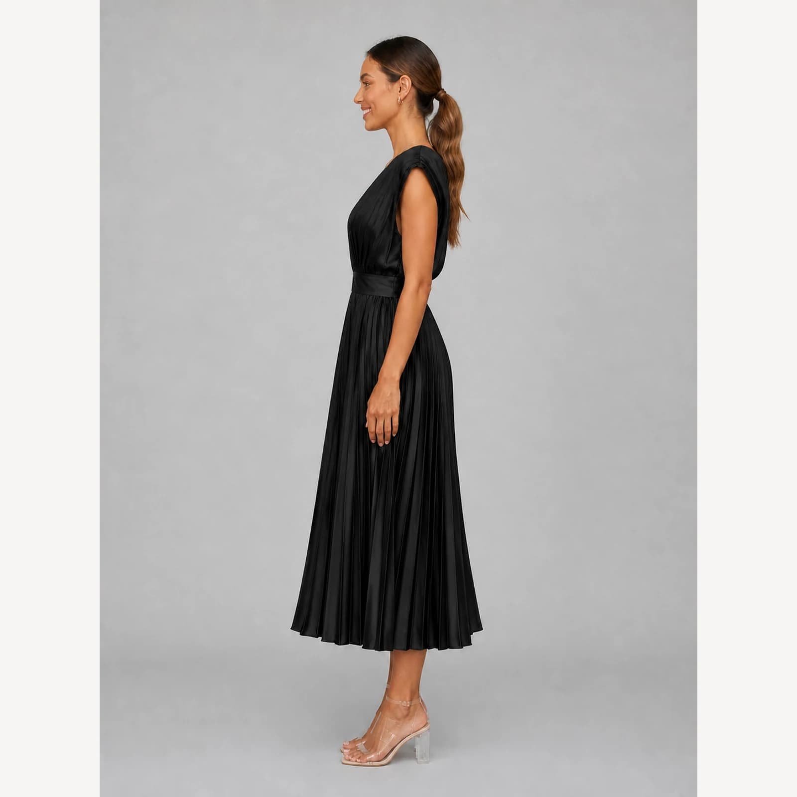 Renata Black Pleated Midi Dress, view 3