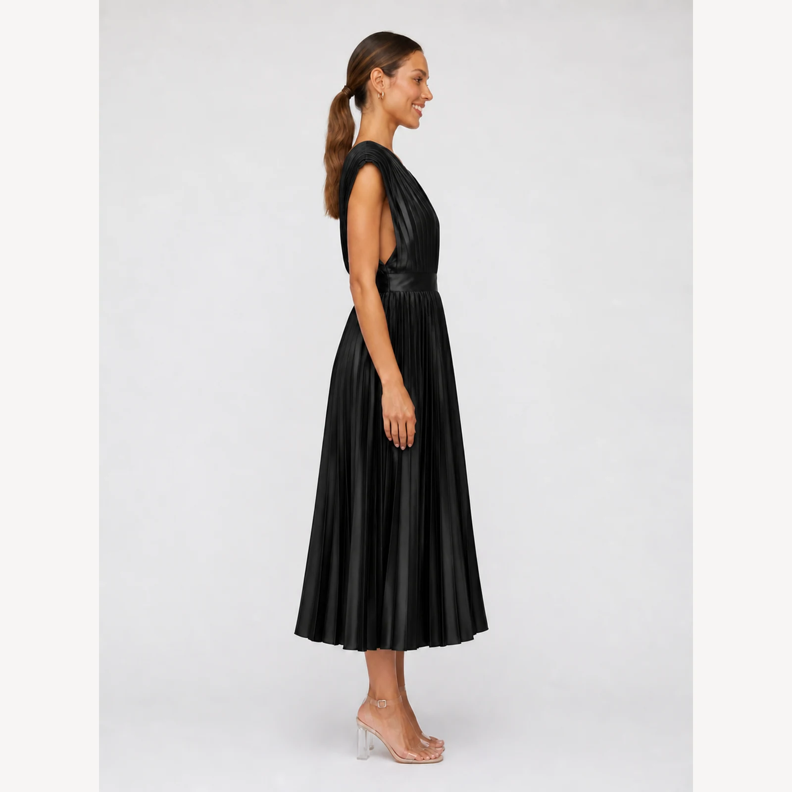 Renata Black Pleated Midi Dress, view 4