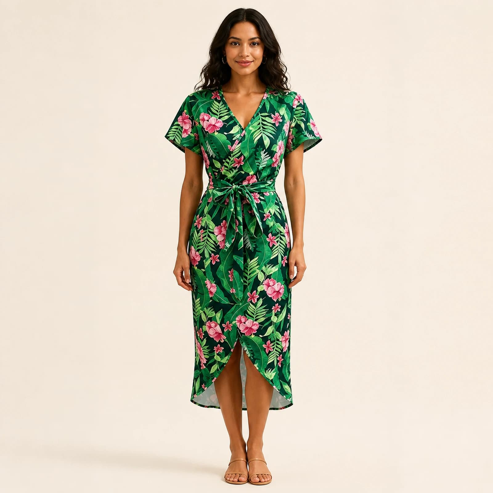 Reva Tropical Floral Tie-Front Midi Dress