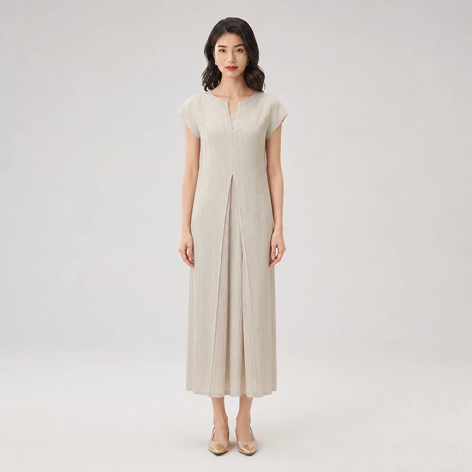 Romilly Beige Pleated Midi Dress, view 1