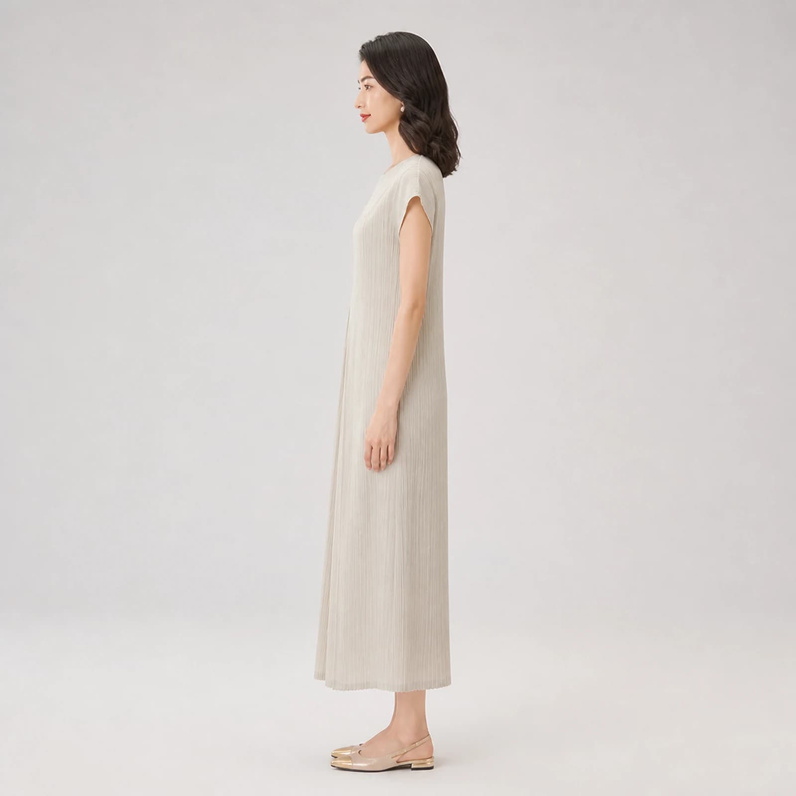 Romilly Beige Pleated Midi Dress, view 3