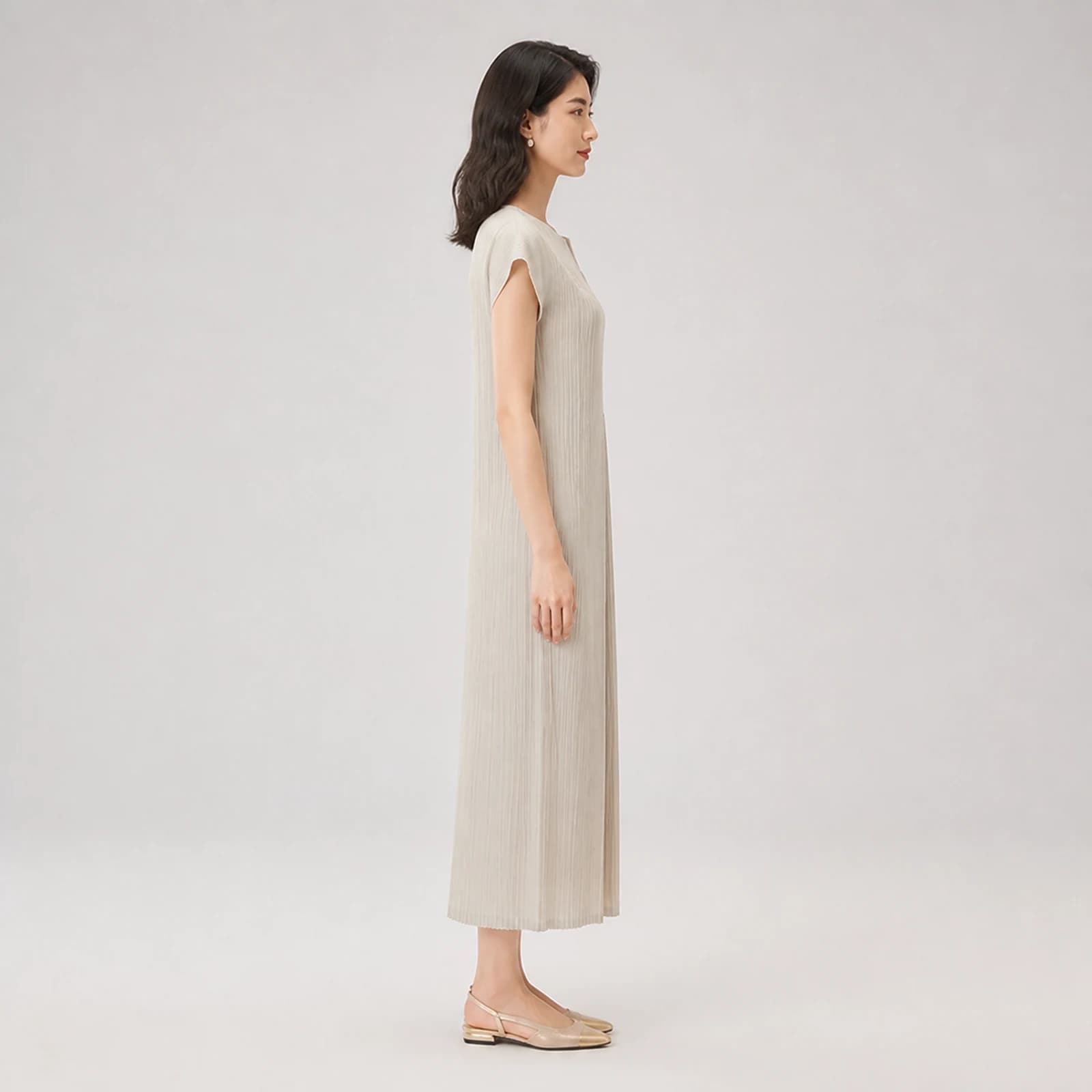 Romilly Beige Pleated Midi Dress, view 4