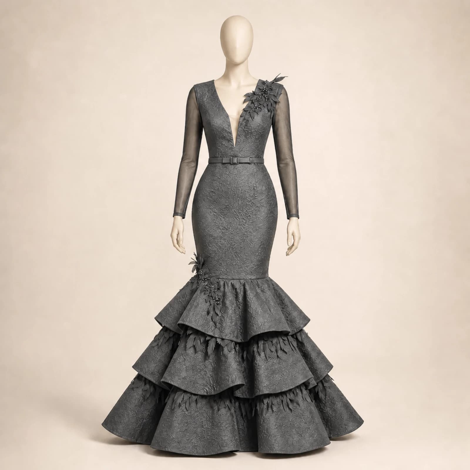 Sabine Gray Tiered Mermaid Gown, view 1
