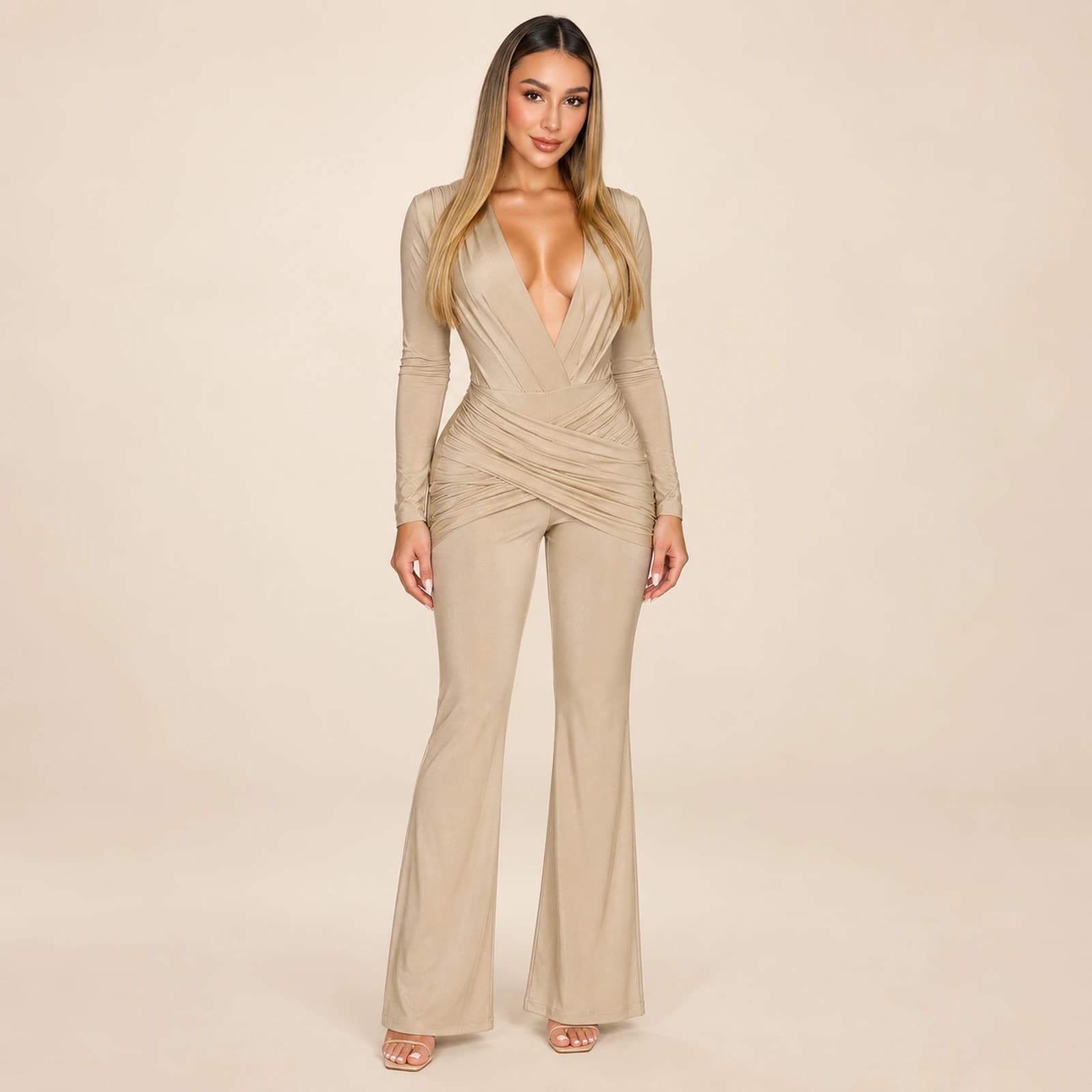 Sabine Ruched Jumpsuit — Champagne, view 1