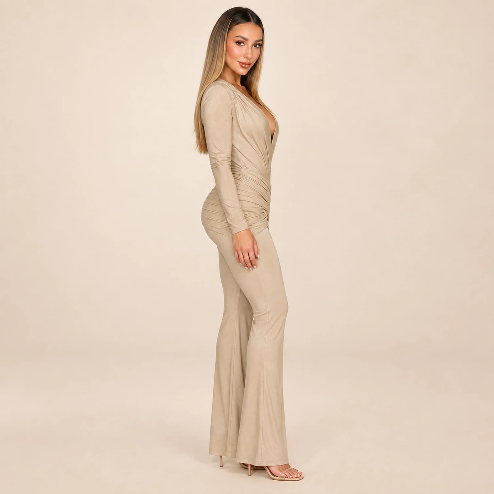 Sabine Ruched Jumpsuit — Champagne, view 3