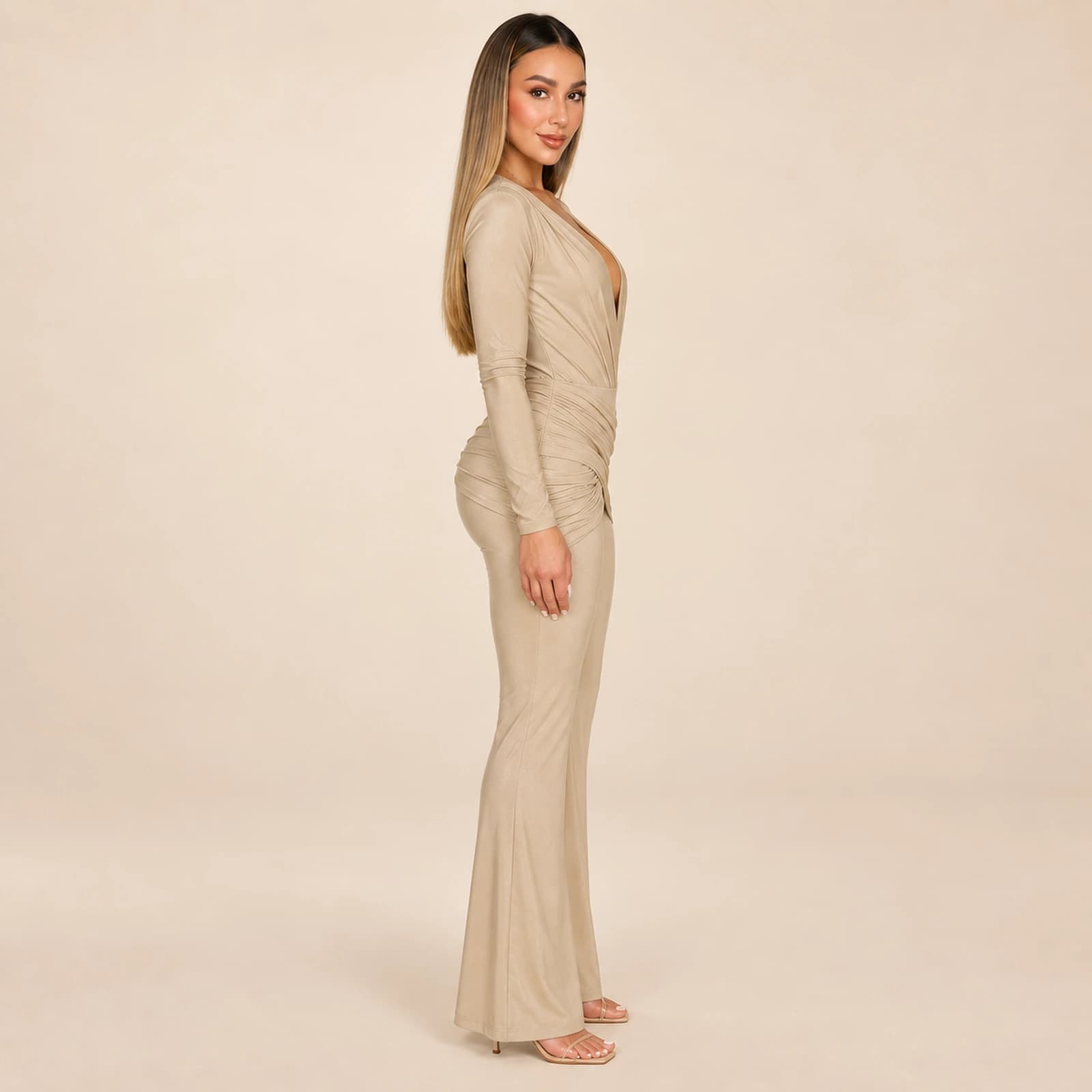 Sabine Ruched Jumpsuit — Champagne, view 4