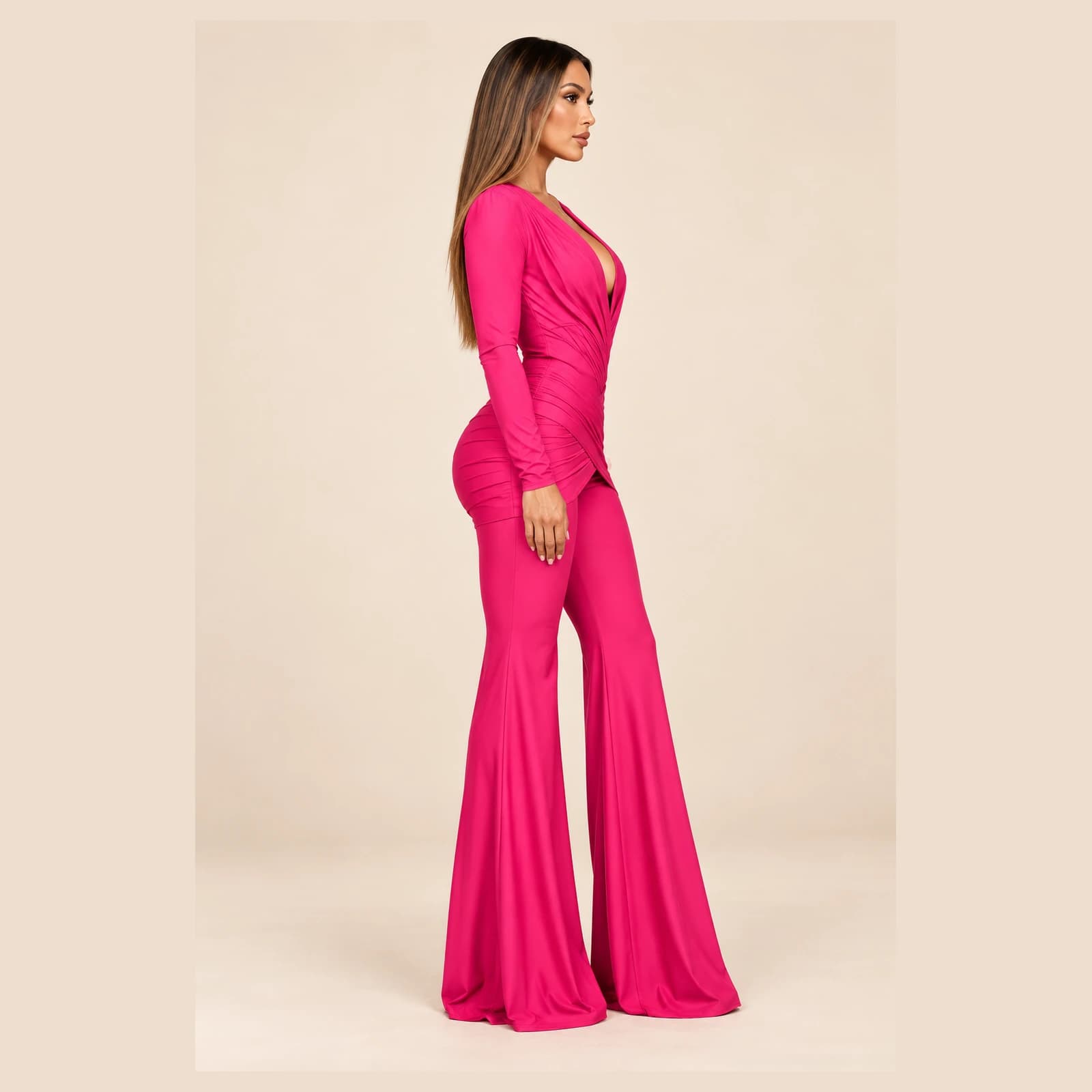 Sabine Ruched Jumpsuit — Fuchsia, view 3