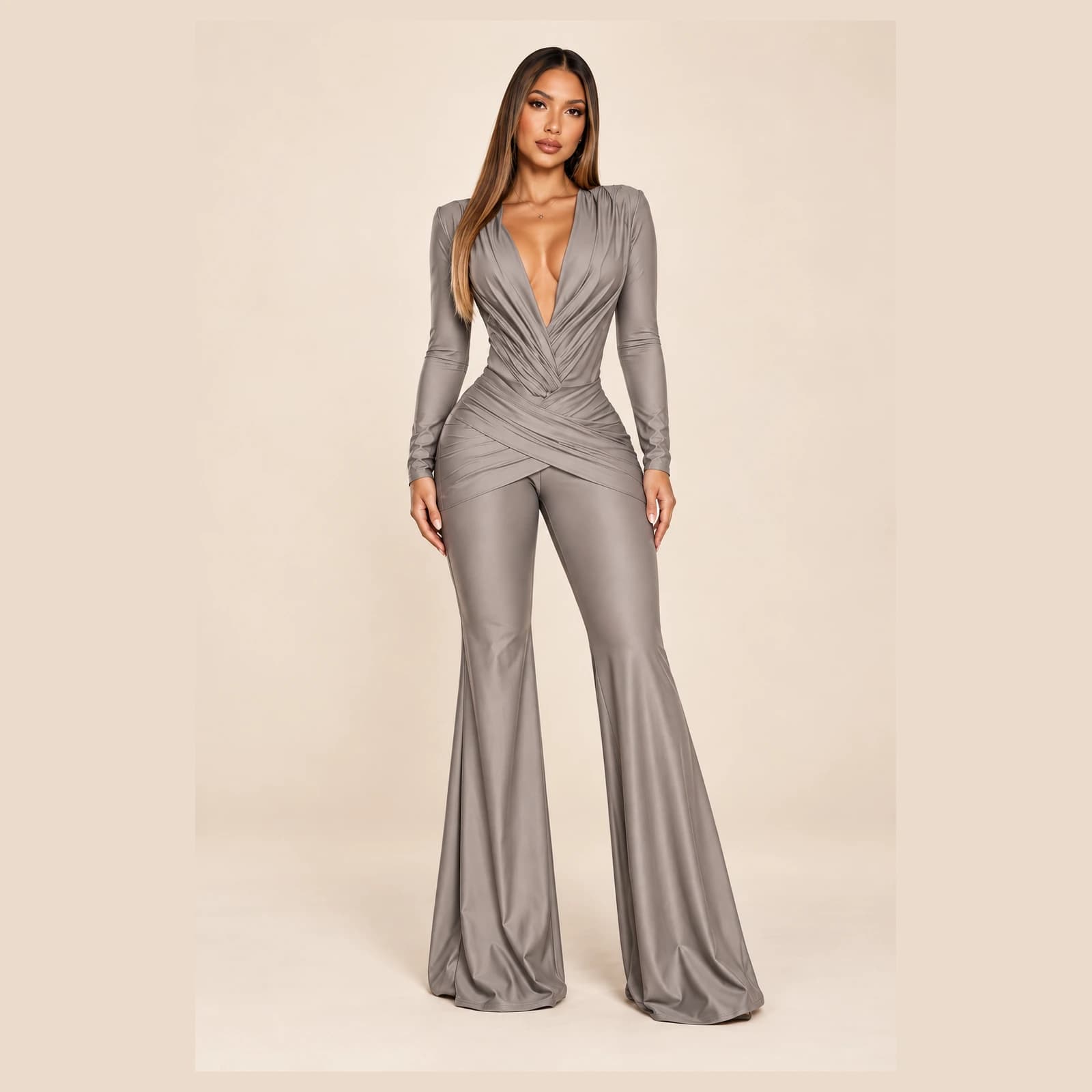 Sabine Ruched Jumpsuit — Taupe, view 1
