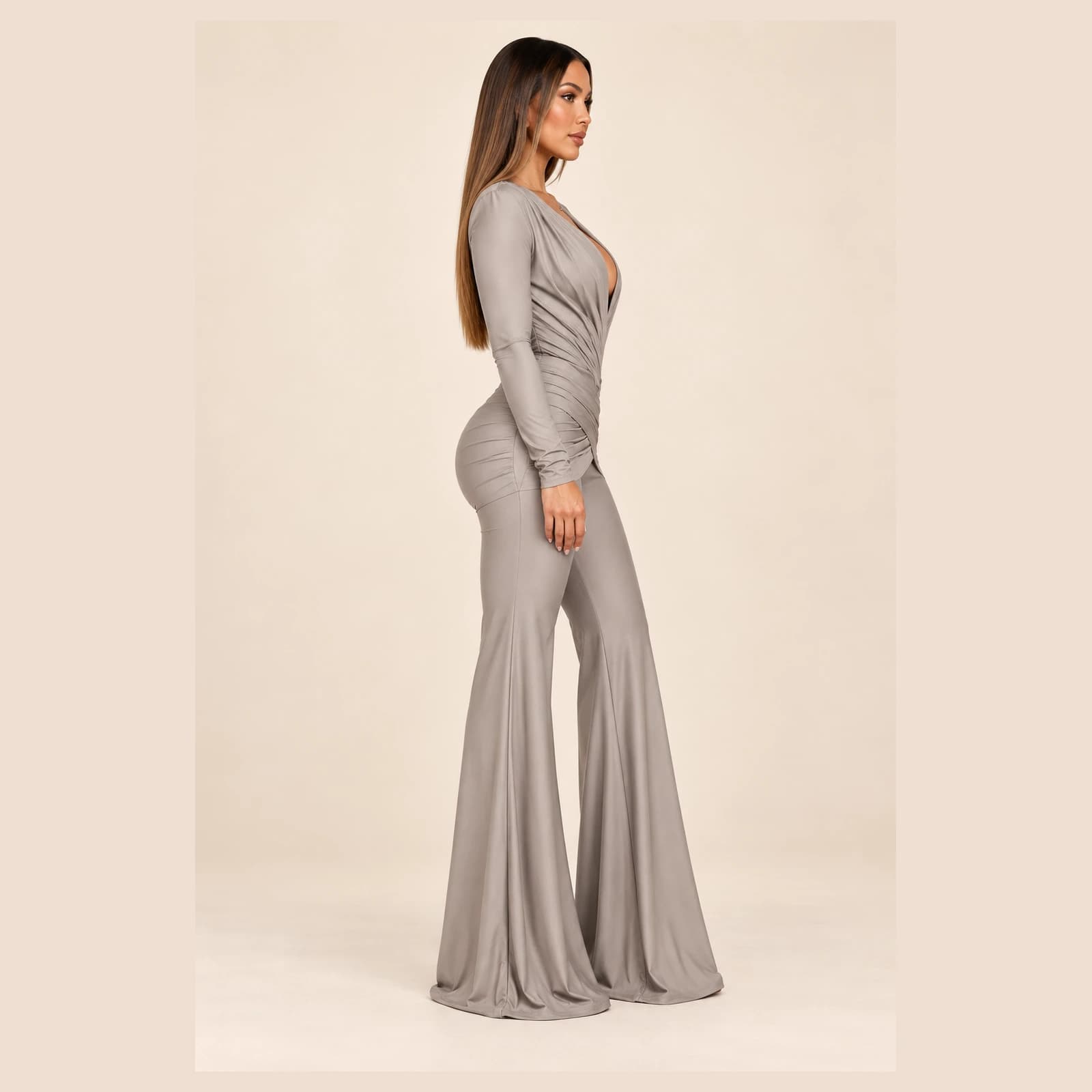 Sabine Ruched Jumpsuit — Taupe, view 3