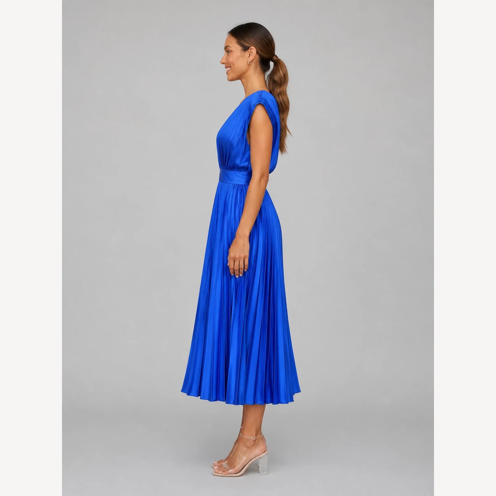 Saskia Blue Pleated Midi Dress, view 3