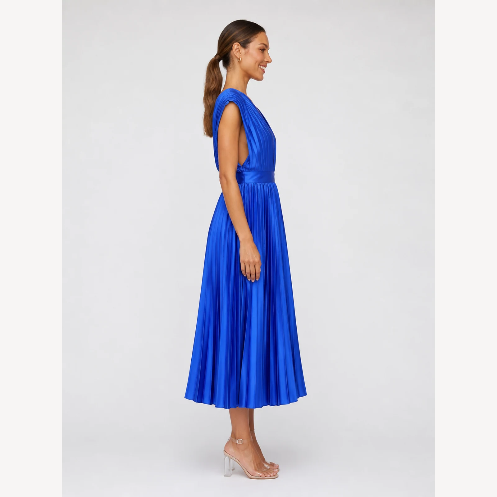 Saskia Blue Pleated Midi Dress, view 4