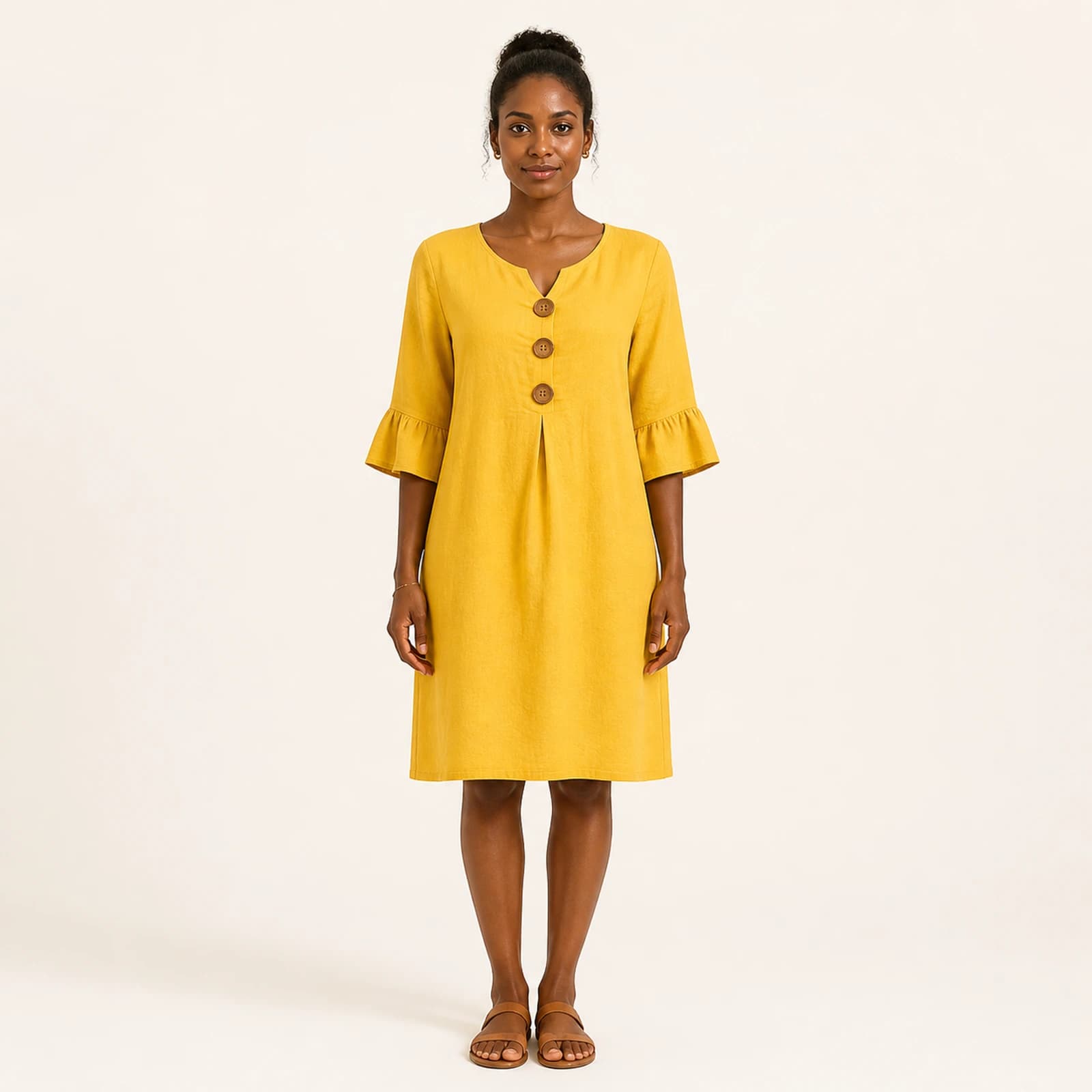 Soleil Golden Linen Button Dress, view 1