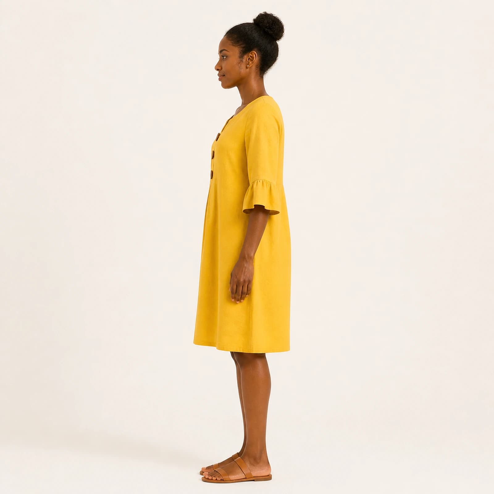 Soleil Golden Linen Button Dress, view 3