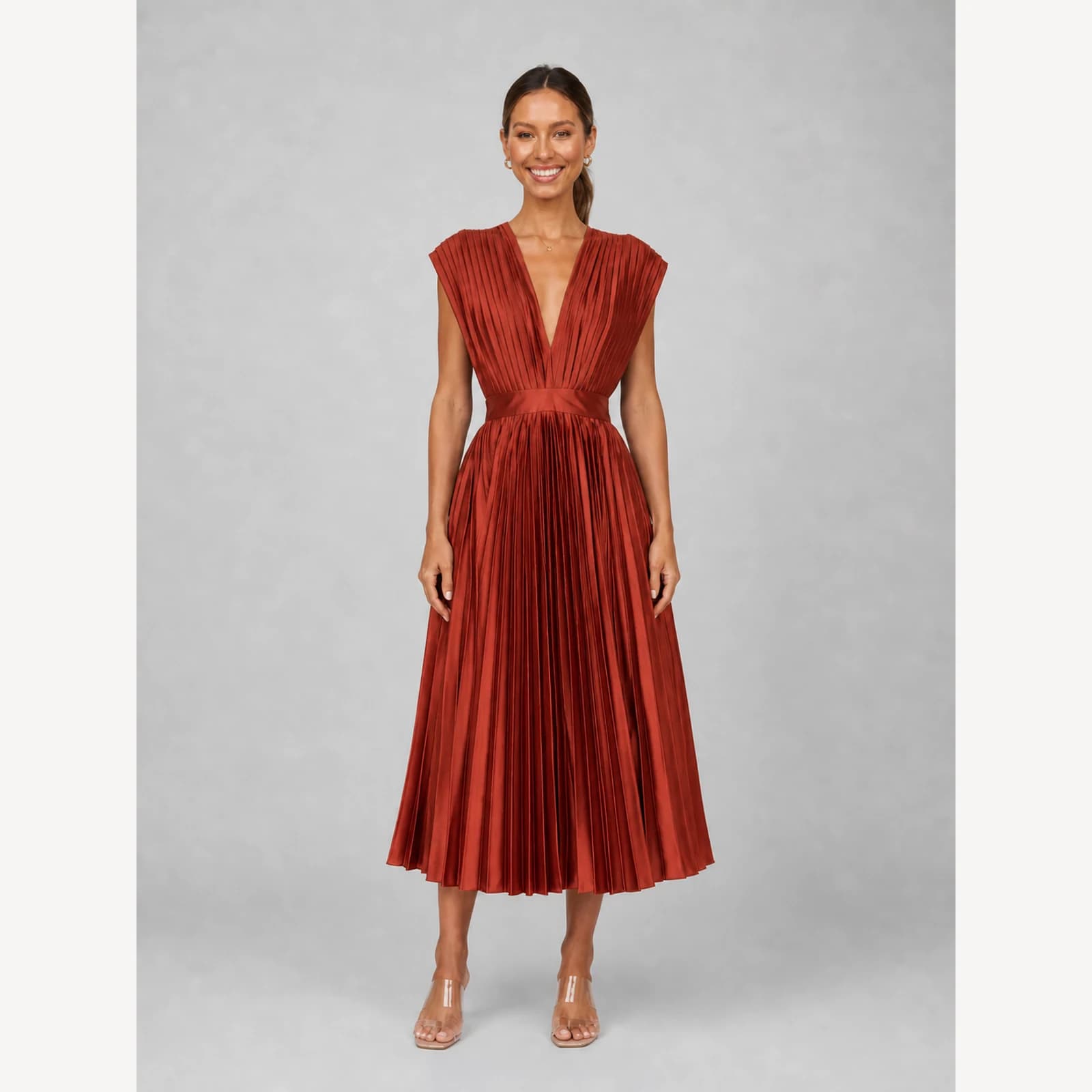 Tatiana Brick Red Pleated Midi Dress, view 1
