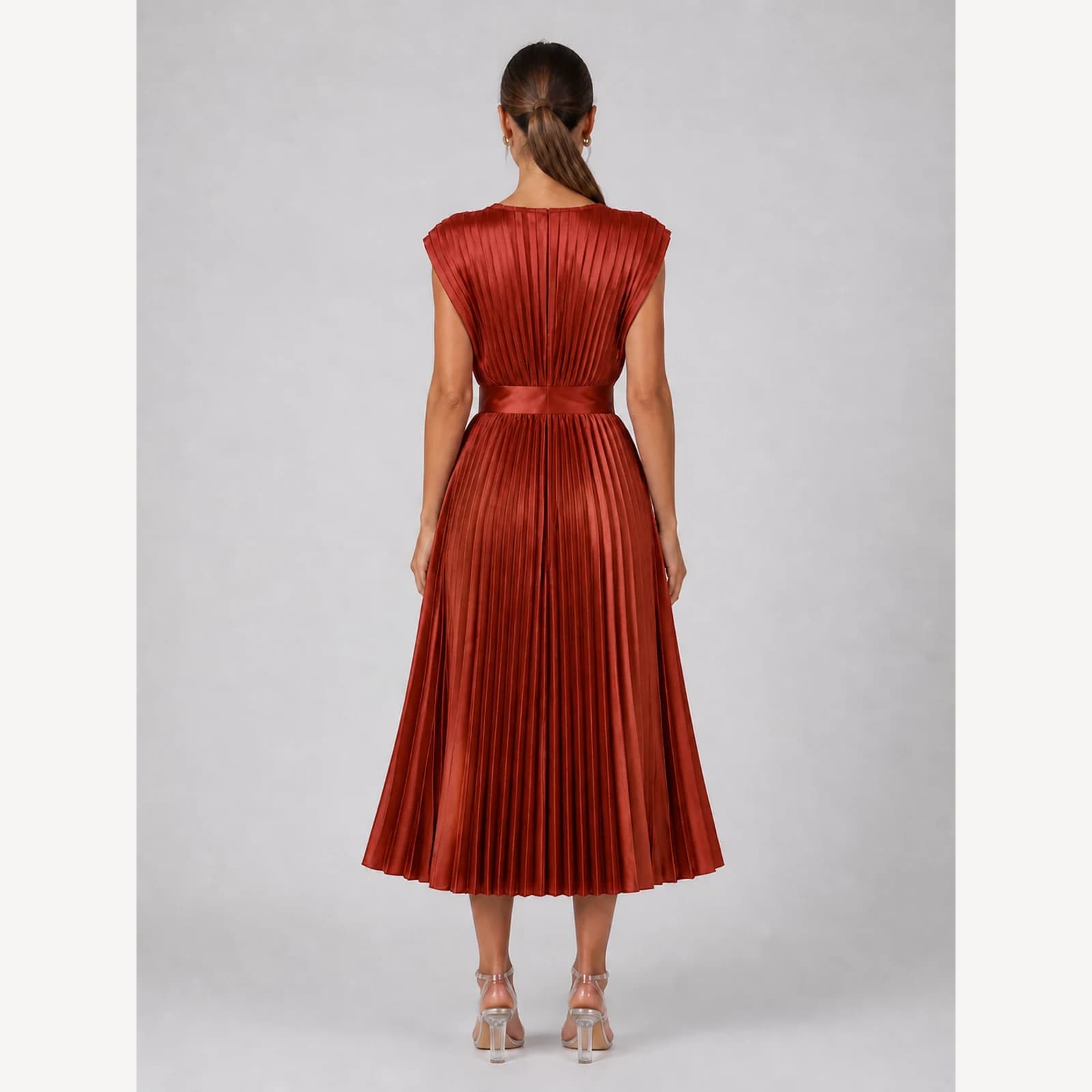 Tatiana Brick Red Pleated Midi Dress, view 2