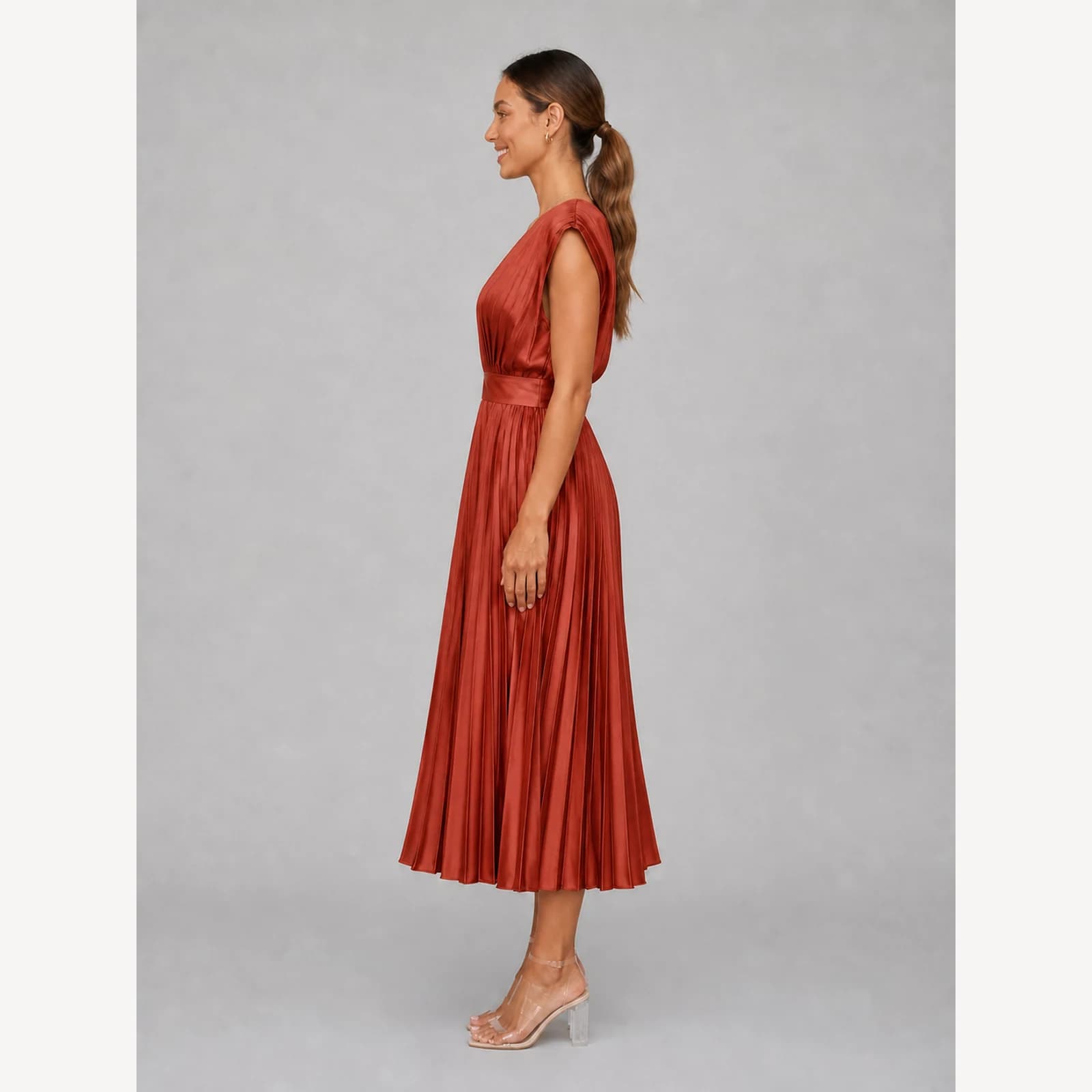 Tatiana Brick Red Pleated Midi Dress, view 3