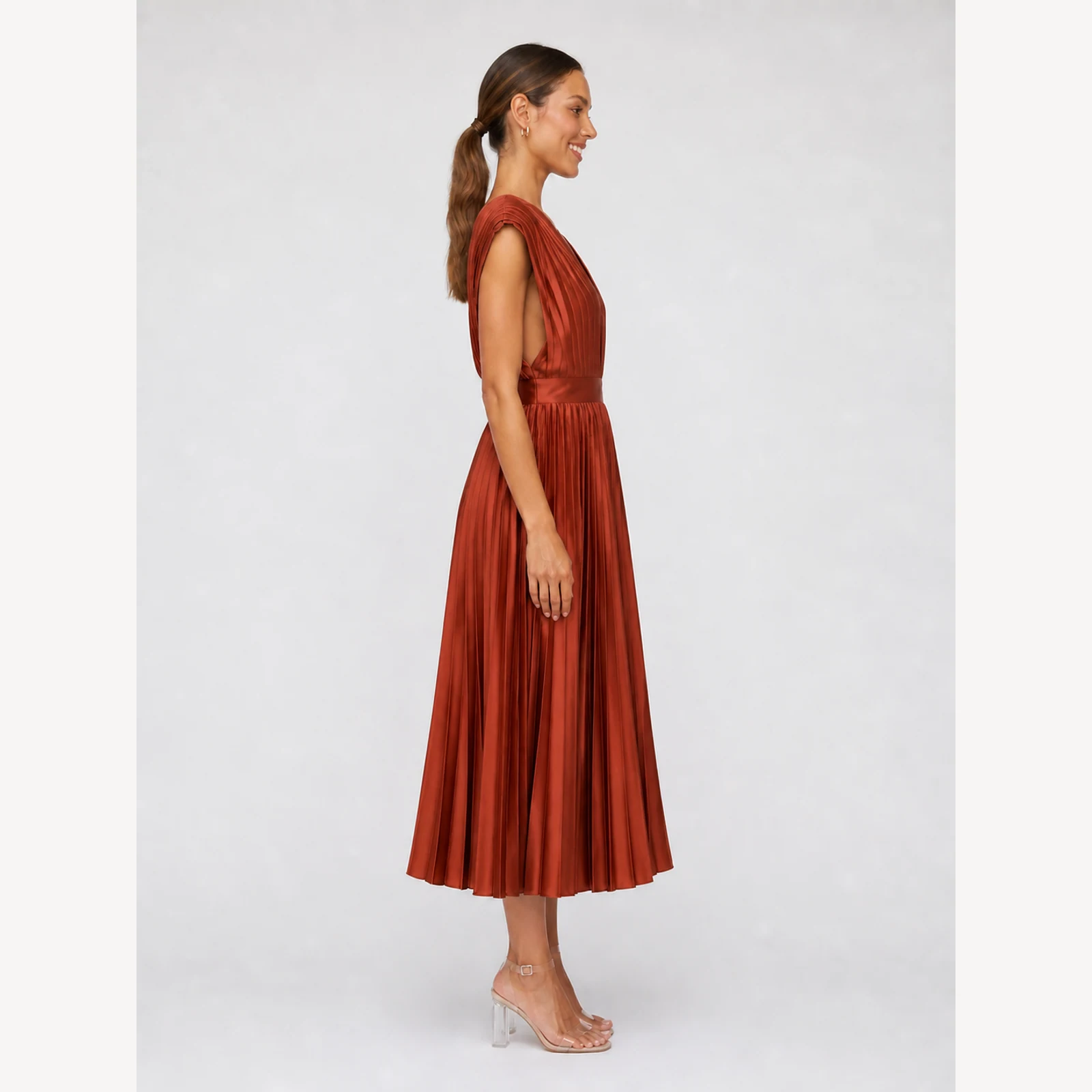 Tatiana Brick Red Pleated Midi Dress, view 4