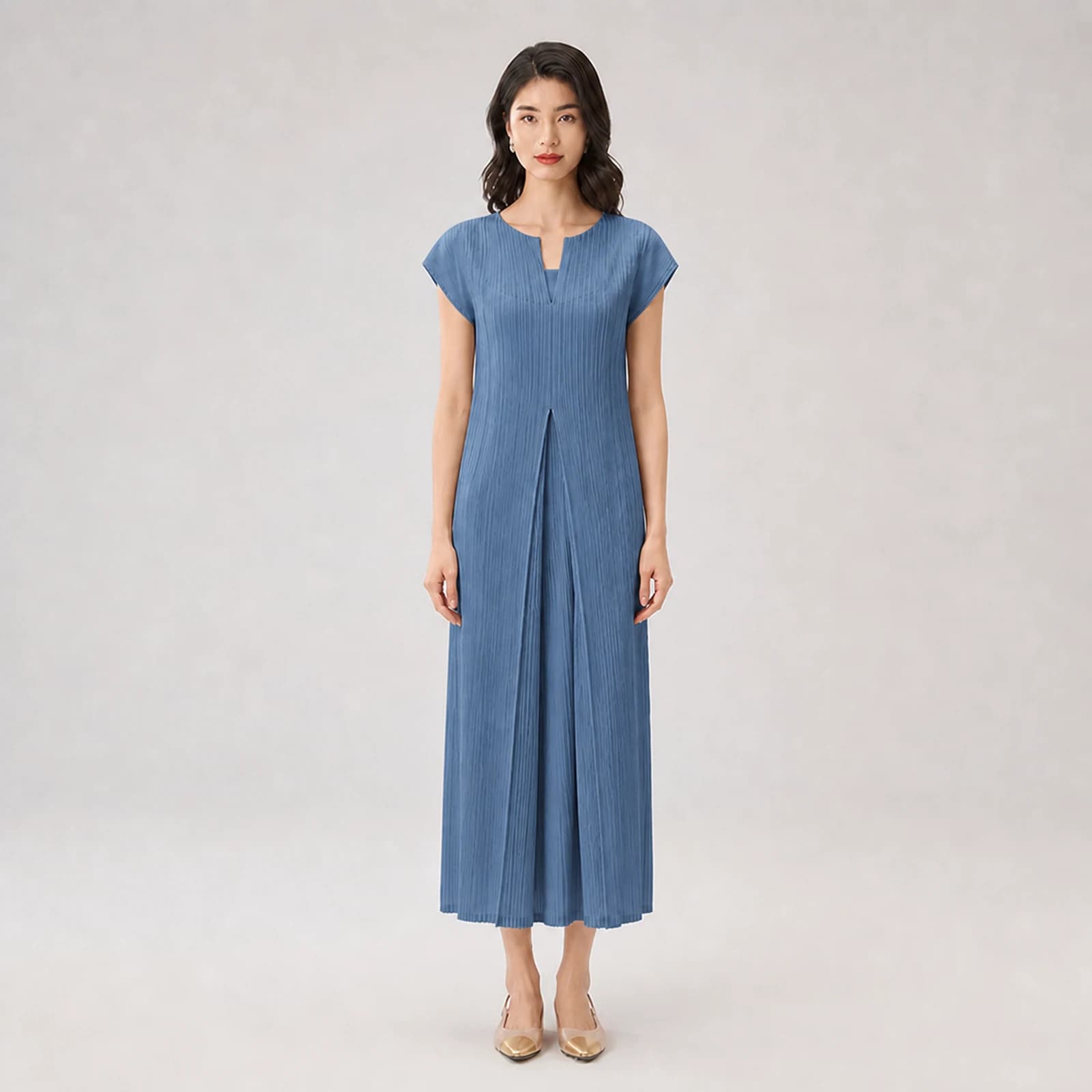 Thalia Blue Pleated Midi Dress, view 1