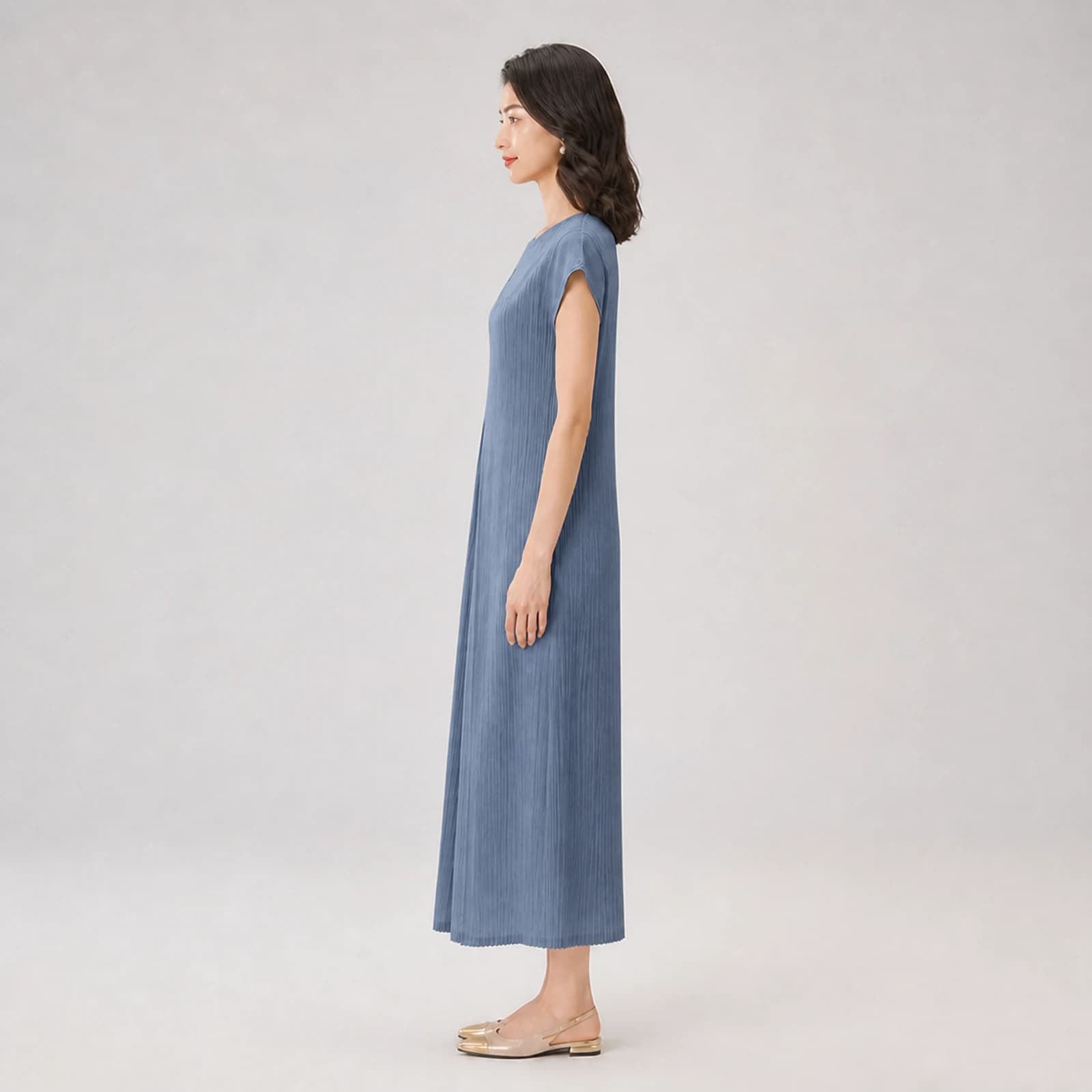 Thalia Blue Pleated Midi Dress, view 3