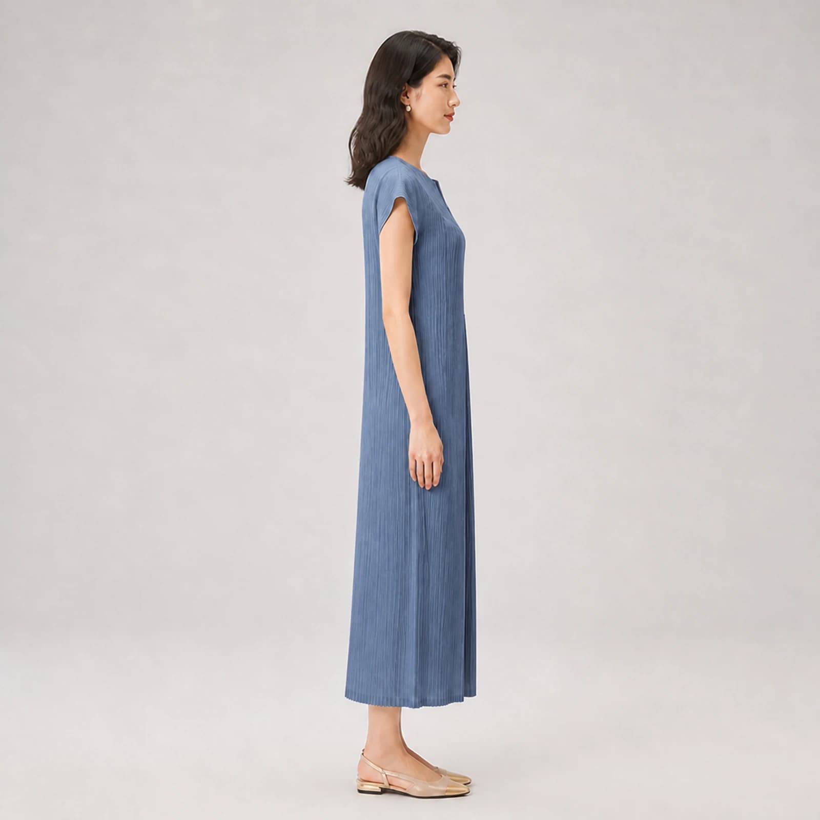 Thalia Blue Pleated Midi Dress, view 4