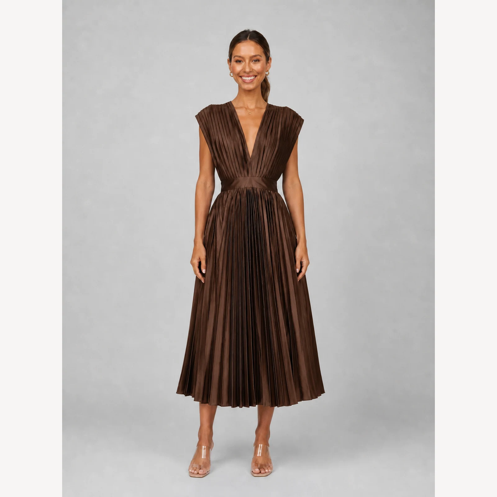 Valencia Brown Pleated Midi Dress, view 1