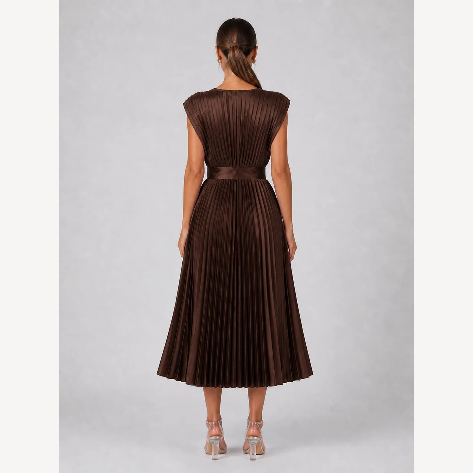 Valencia Brown Pleated Midi Dress, view 2