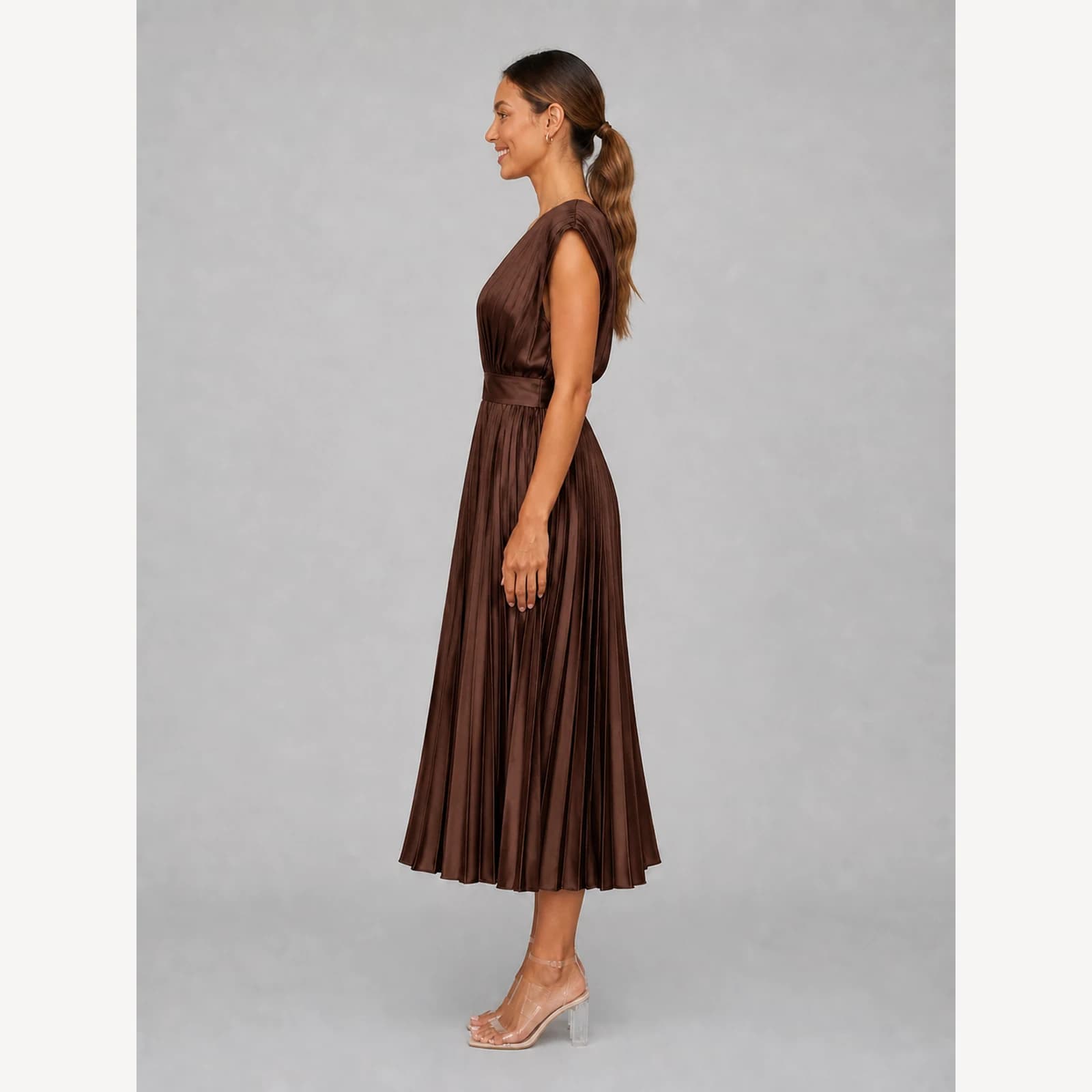Valencia Brown Pleated Midi Dress, view 3