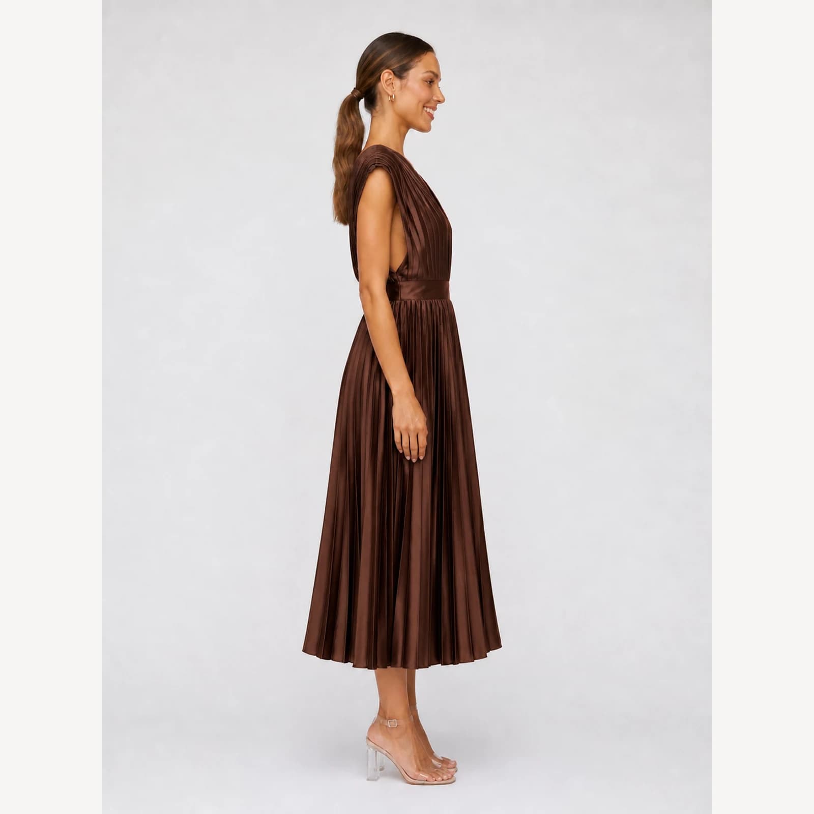 Valencia Brown Pleated Midi Dress, view 4