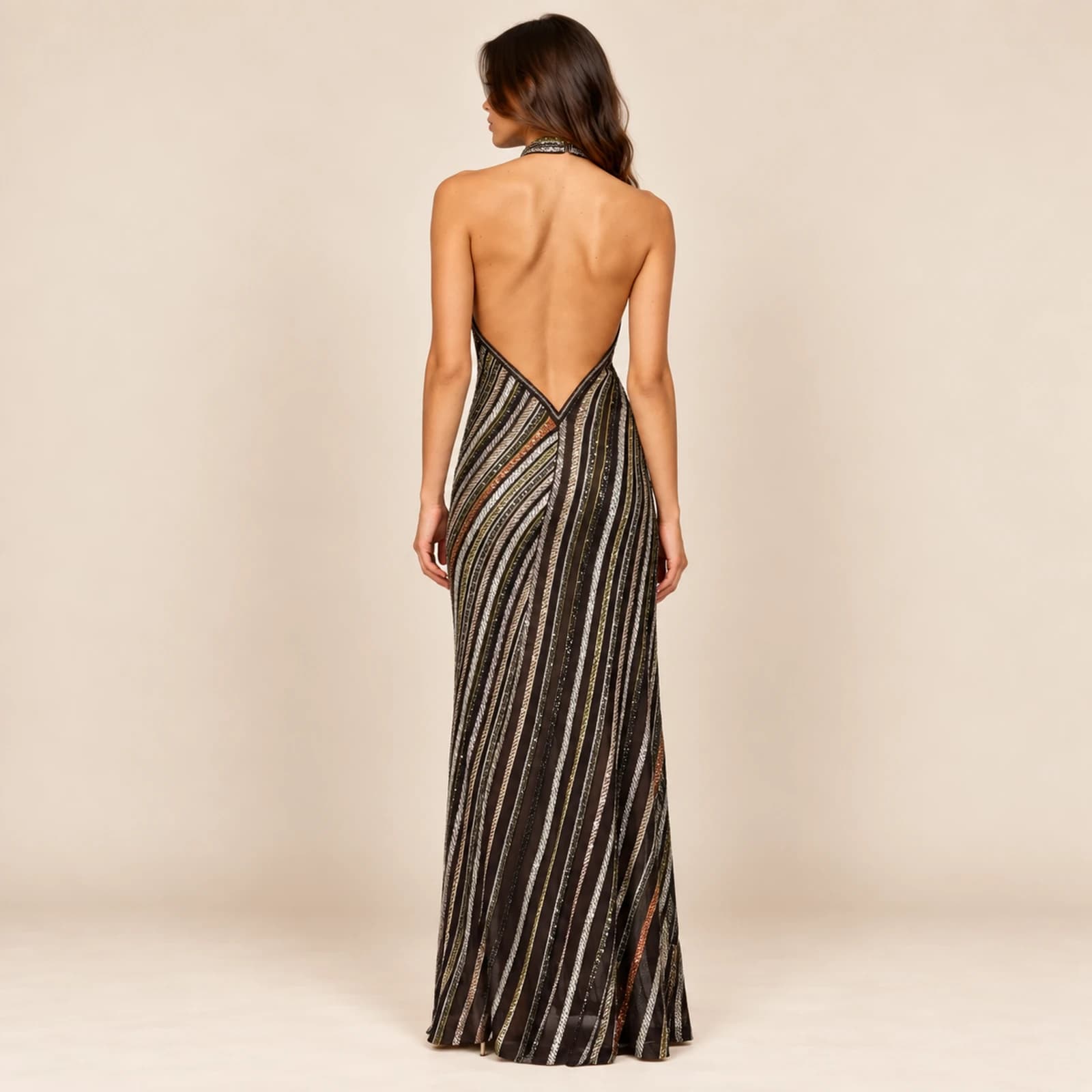 Valeska Striped Sequin Gown — Black Gold, view 2