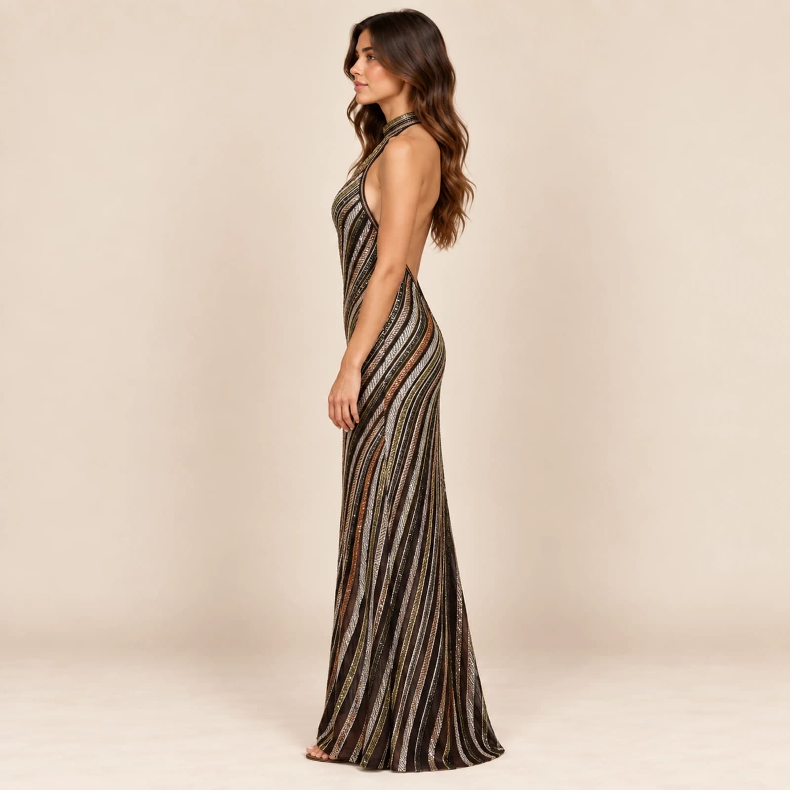 Valeska Striped Sequin Gown — Black Gold, view 3