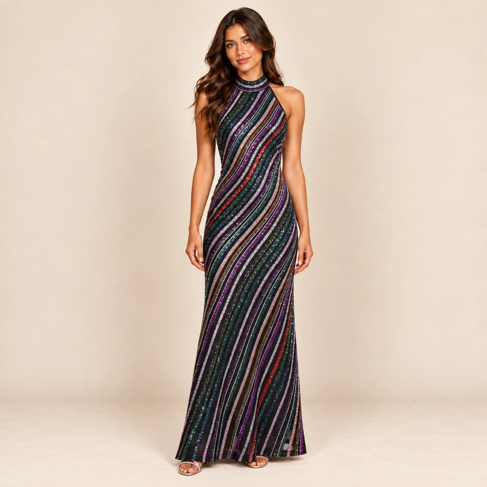 Valeska Striped Sequin Gown — Prismatic, view 1