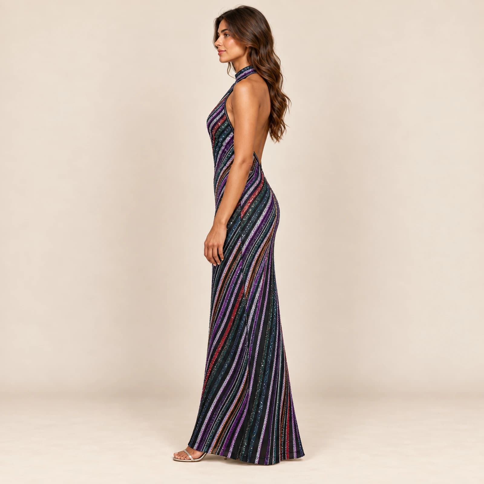 Valeska Striped Sequin Gown — Prismatic, view 3