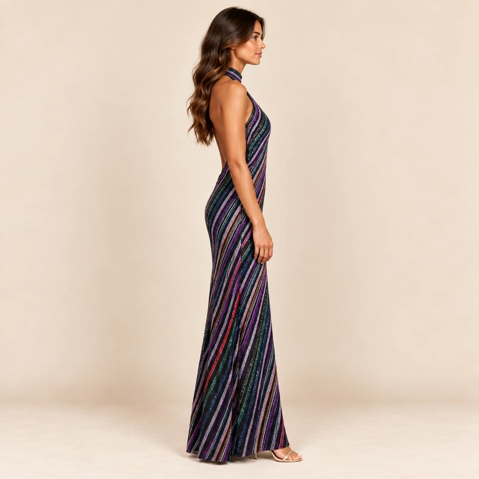 Valeska Striped Sequin Gown — Prismatic, view 4