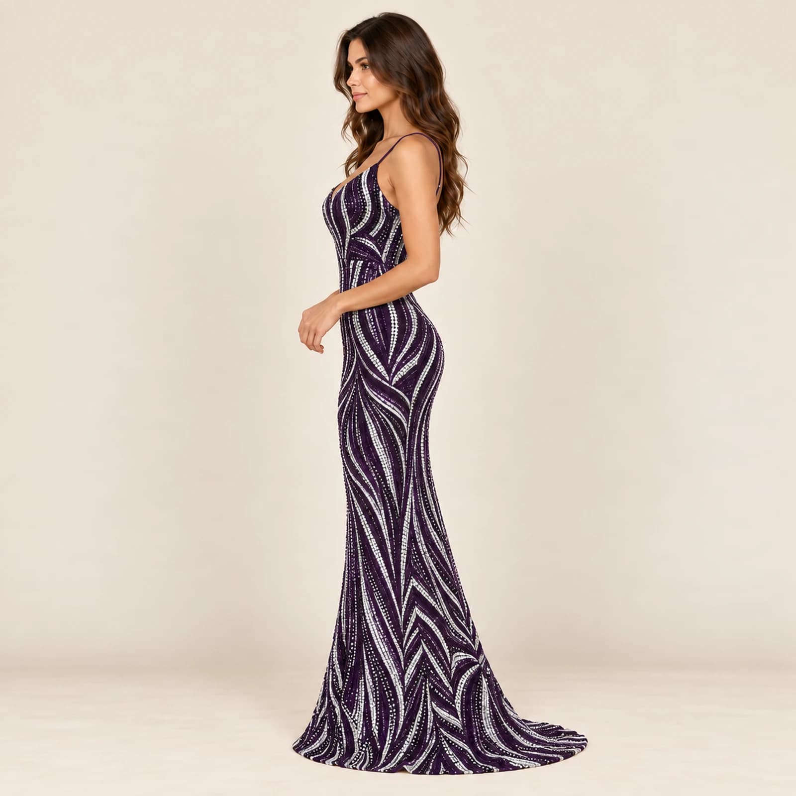 Veloria Sequin Gown — Plum, view 3
