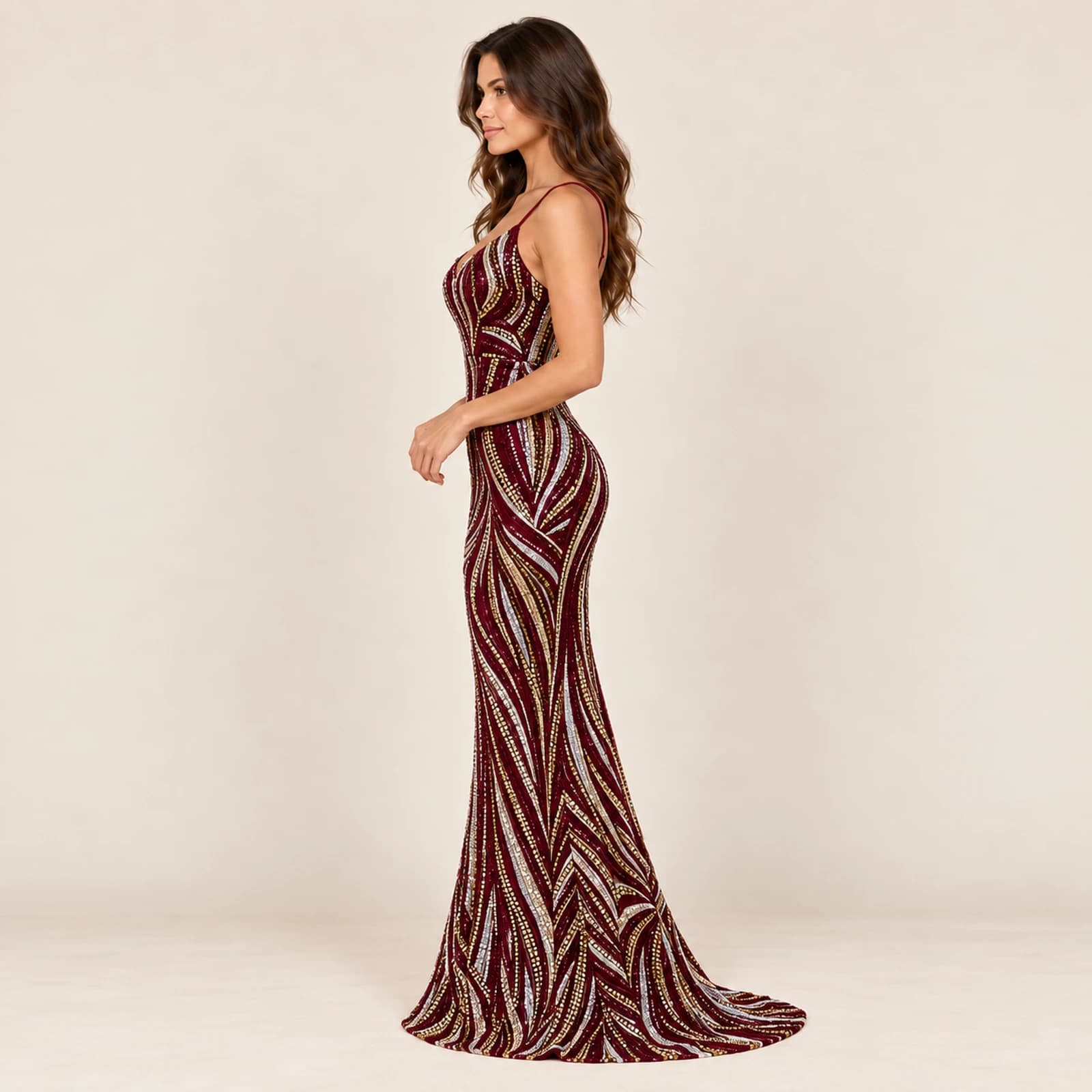 Veloria Sequin Gown — Wine, view 3