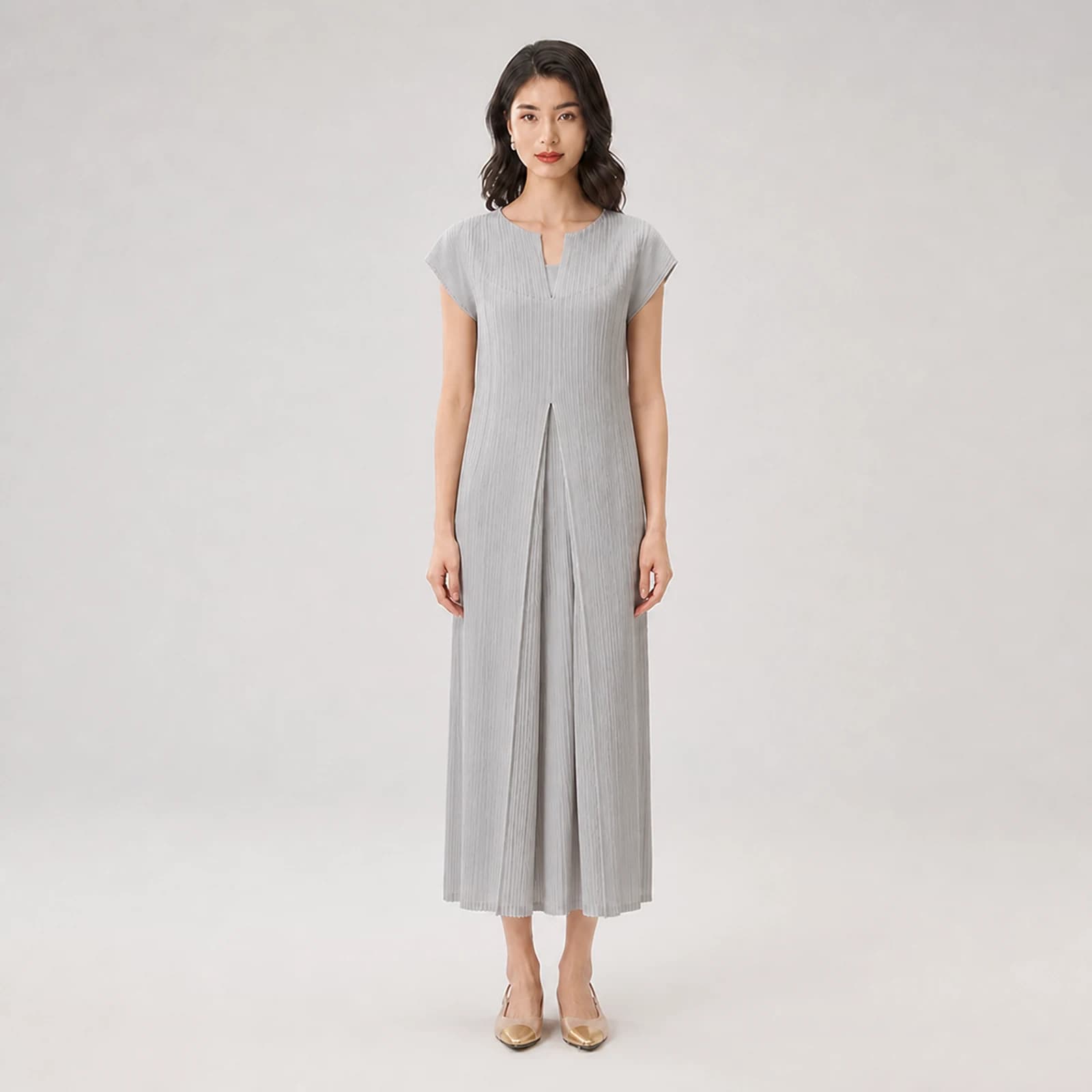 Vienna Gray Pleated Midi Dress, view 1