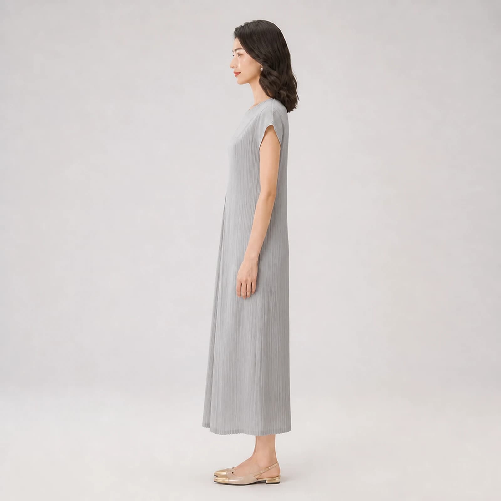 Vienna Gray Pleated Midi Dress, view 3