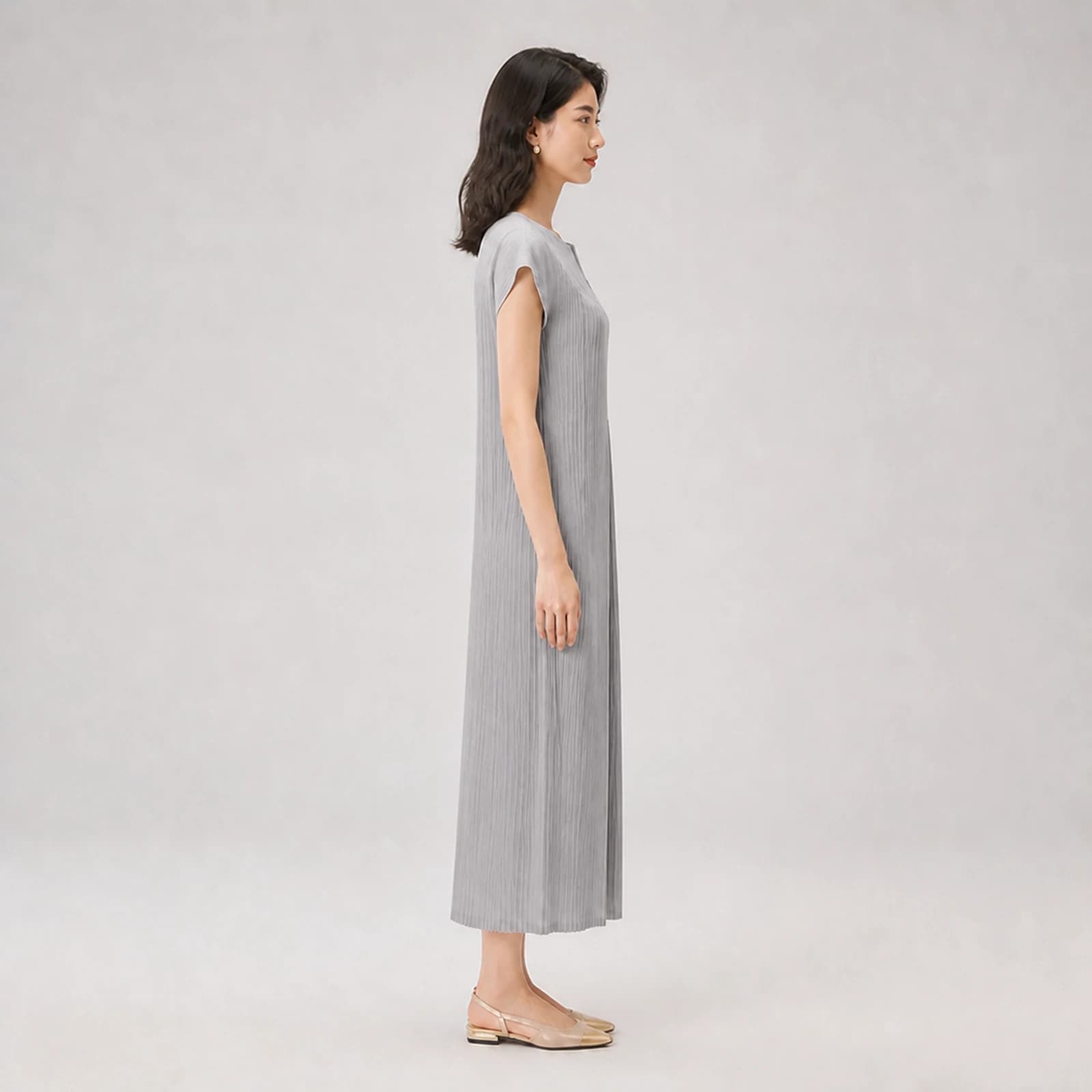 Vienna Gray Pleated Midi Dress, view 4