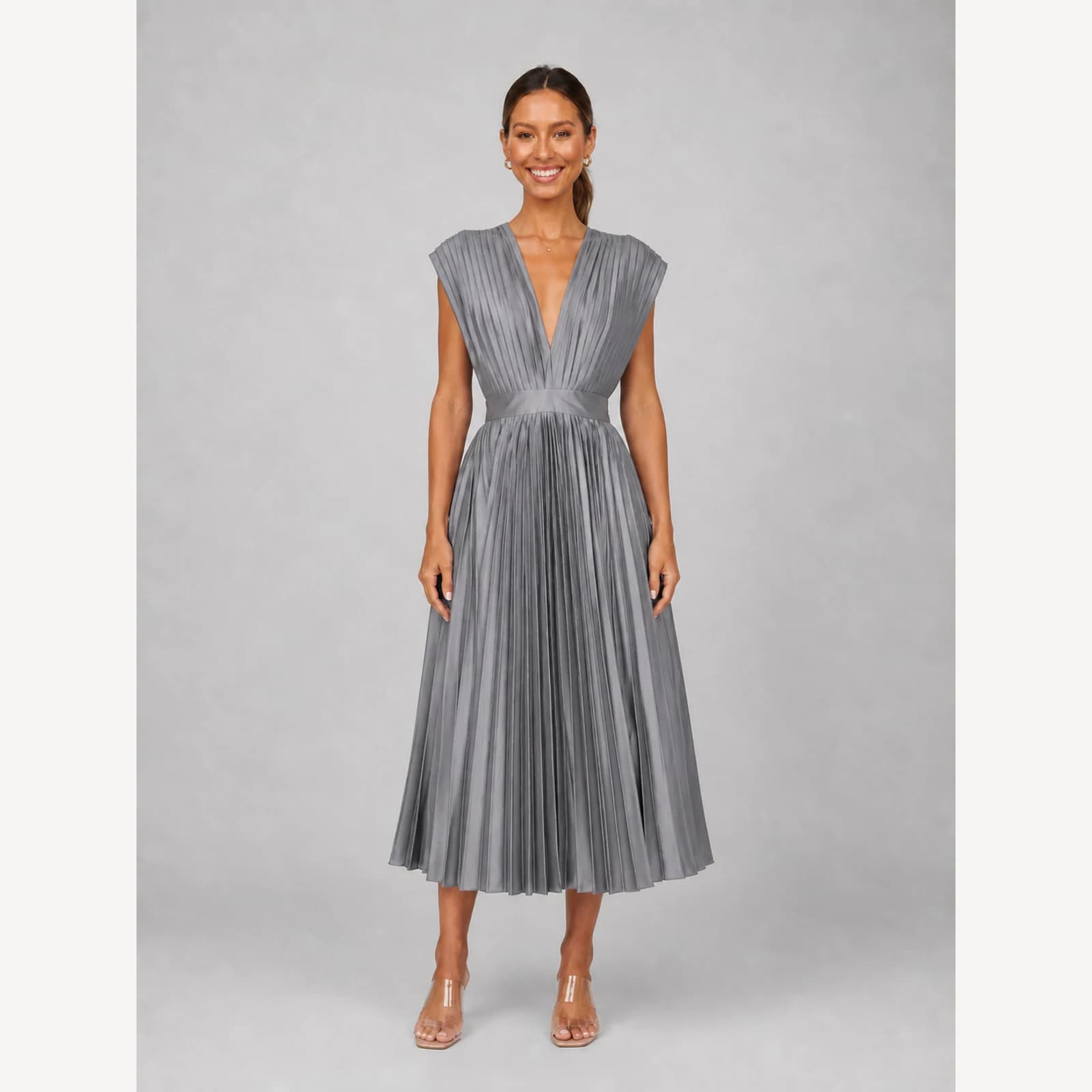 Winona Gray Pleated Midi Dress, view 1